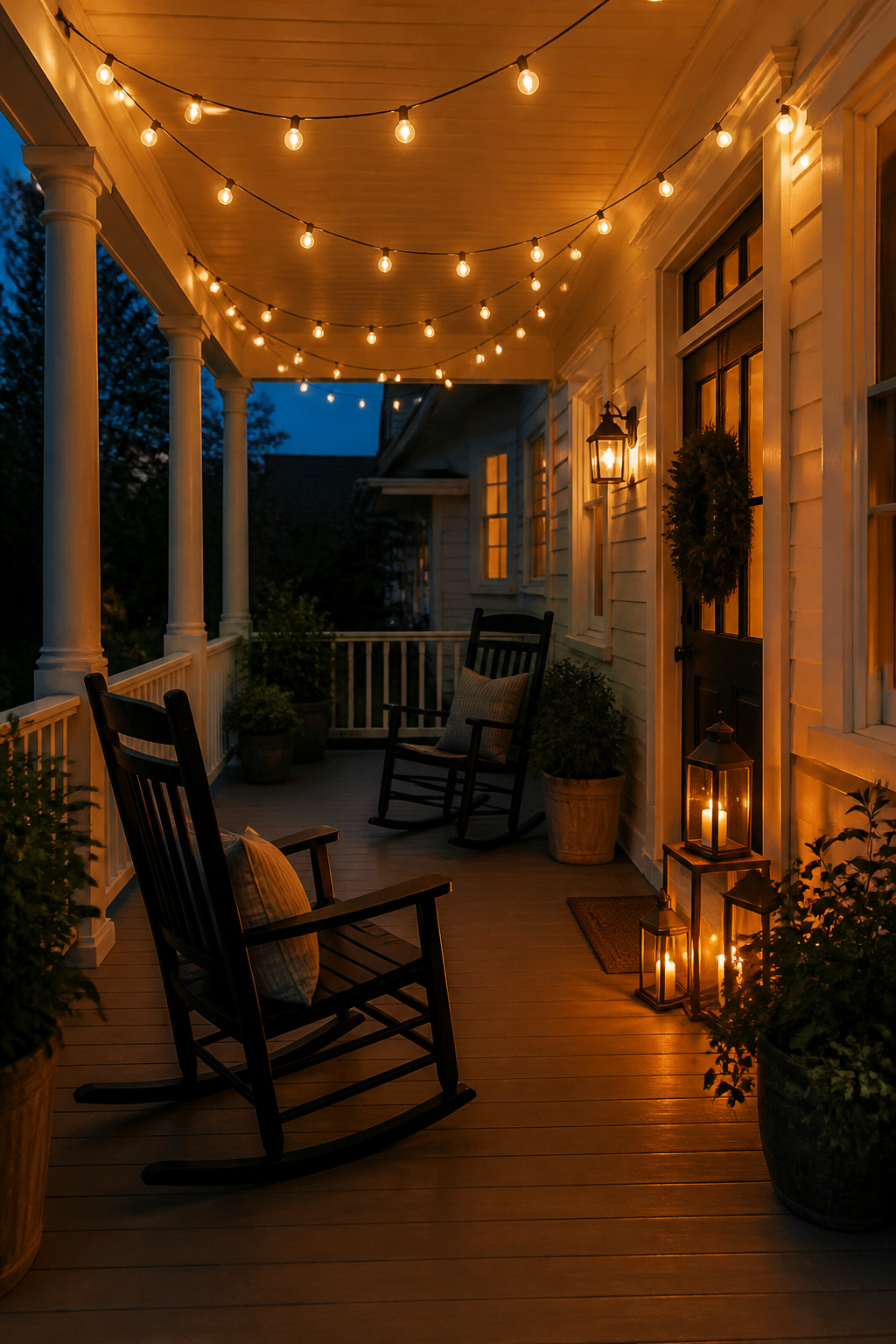 A loose catenary swag of Edison string lights and clustered lanterns transforms a porch into an inviting evening space with no electrical work required.
