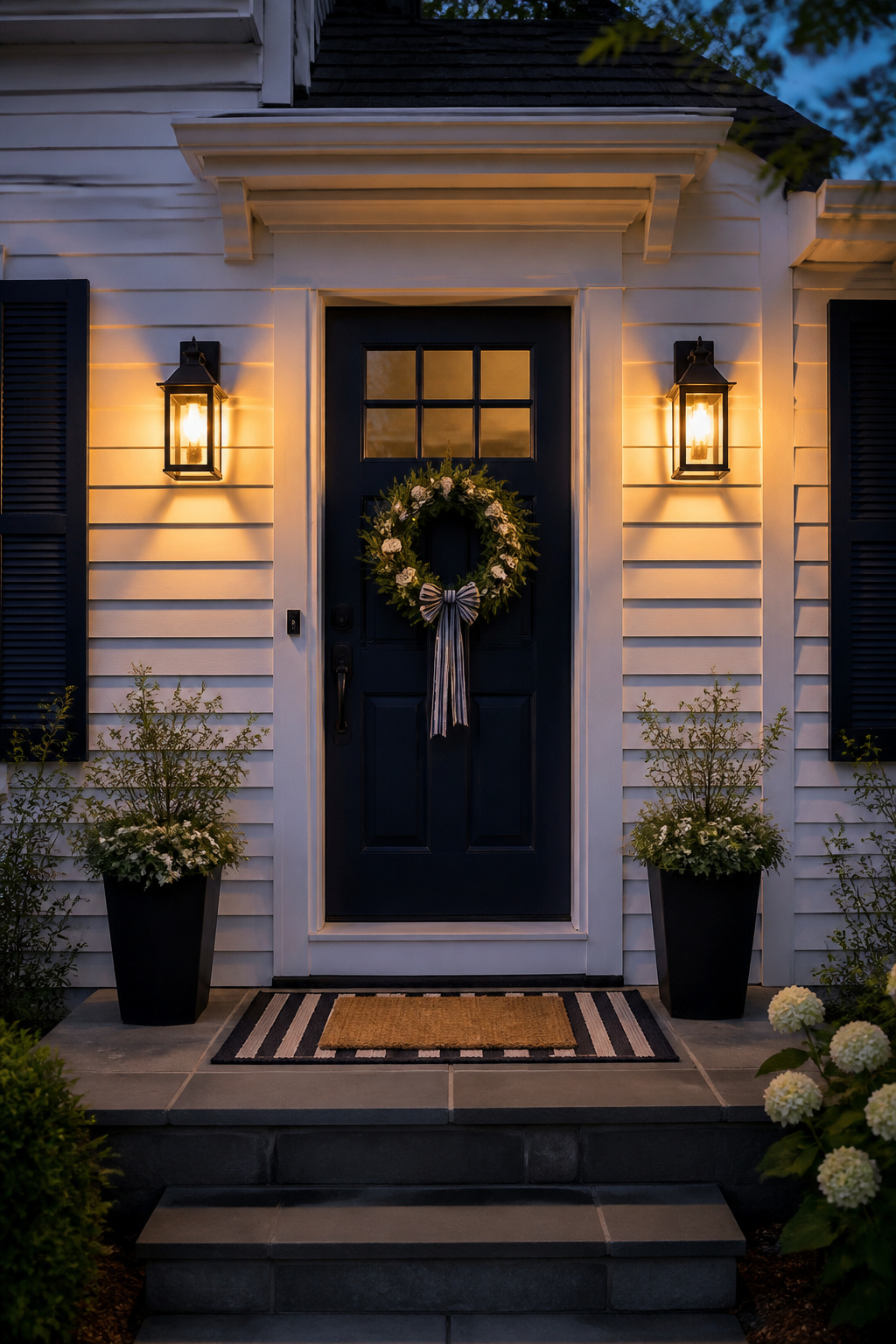 Solar wall lanterns flanking the front door create a warm, symmetrical glow at dusk without any electrical outlet or wiring.