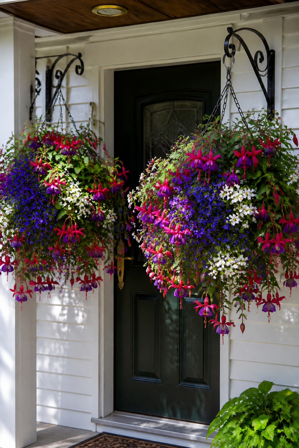 Two densely planted hanging baskets with trailing fuchsia and lobelia create an instant sense of abundance that frames any front door.