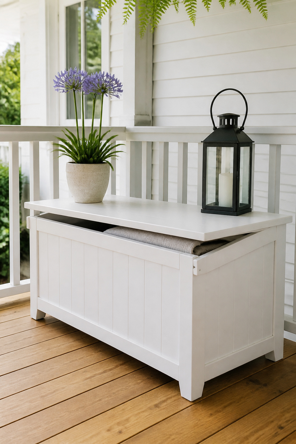 A storage bench hides outdoor cushions and seasonal accessories while adding a styled surface for plants and lanterns.