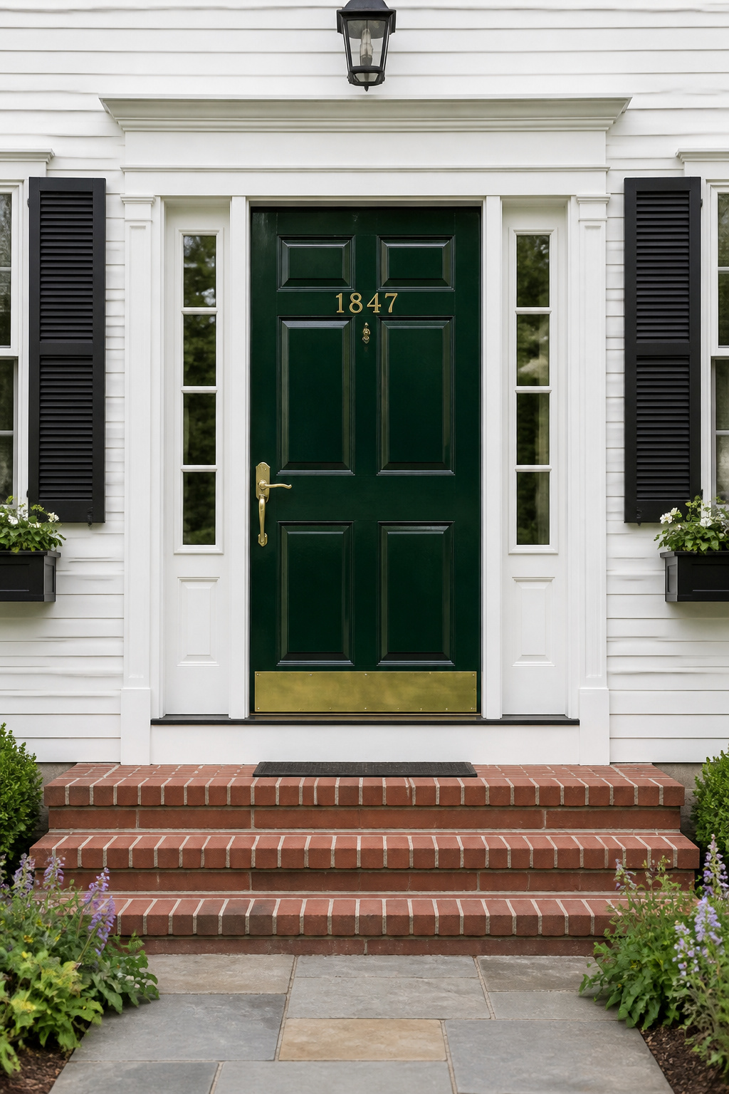 A deep forest green gloss door with aged brass hardware is the anchor element that makes everything else on the porch look more considered.
