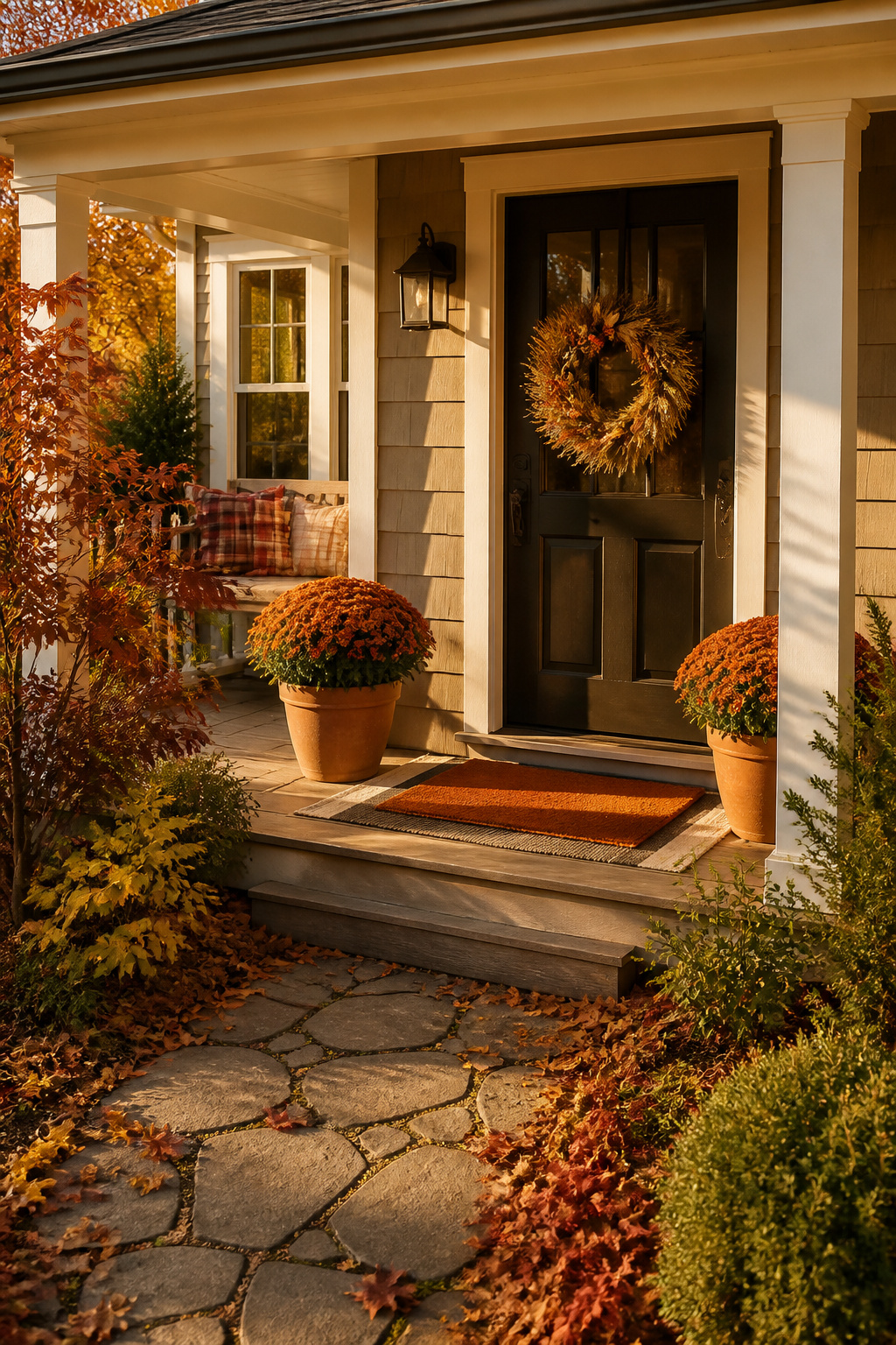 A coordinated fall front porch — wreath, mums, doormat, and plaid pillow covers — shows how a seasonal kit approach creates a polished look in under 30 minutes.