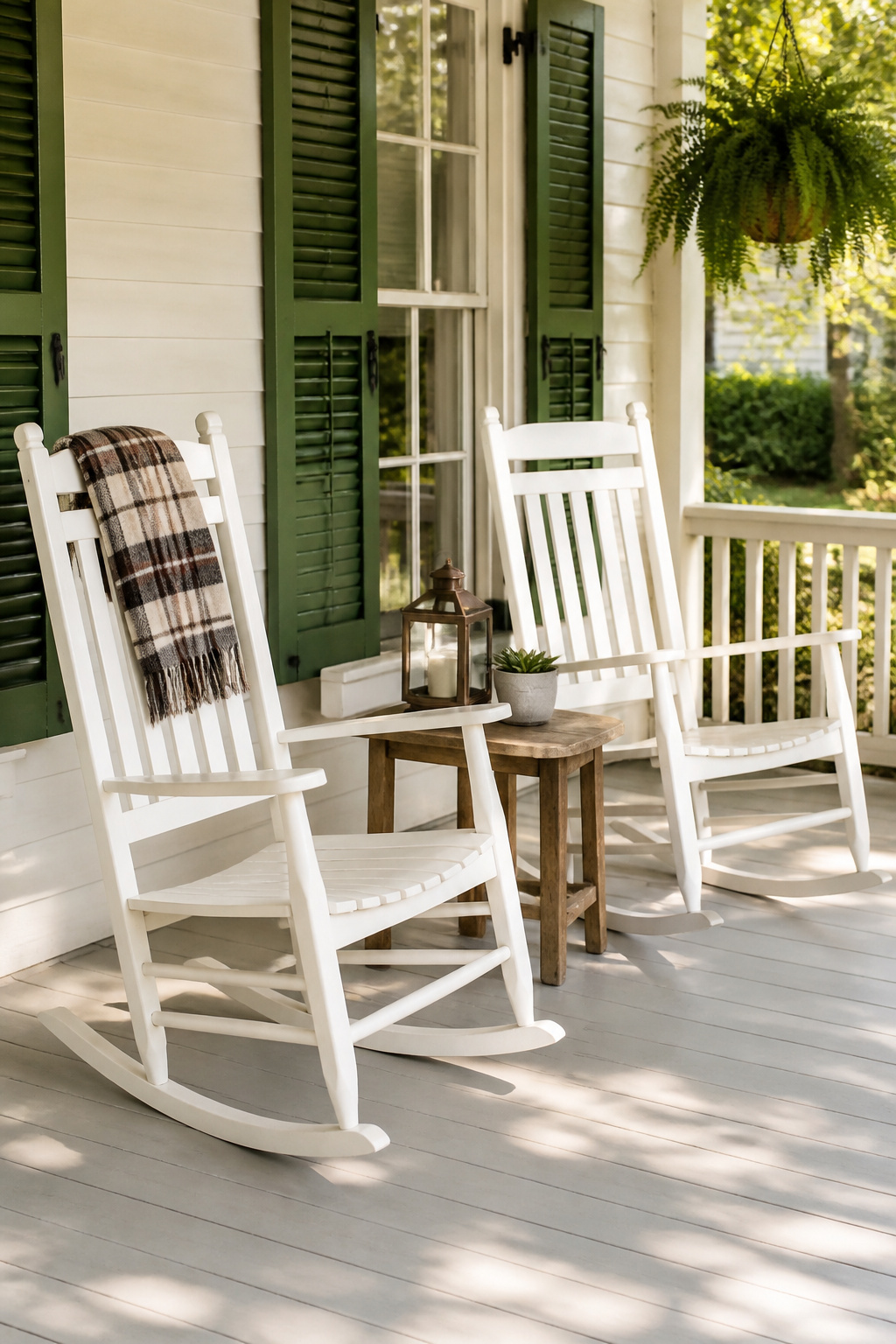 Two rocking chairs with a side table and a folded throw create a vignette that signals welcome even when nobody is sitting there.