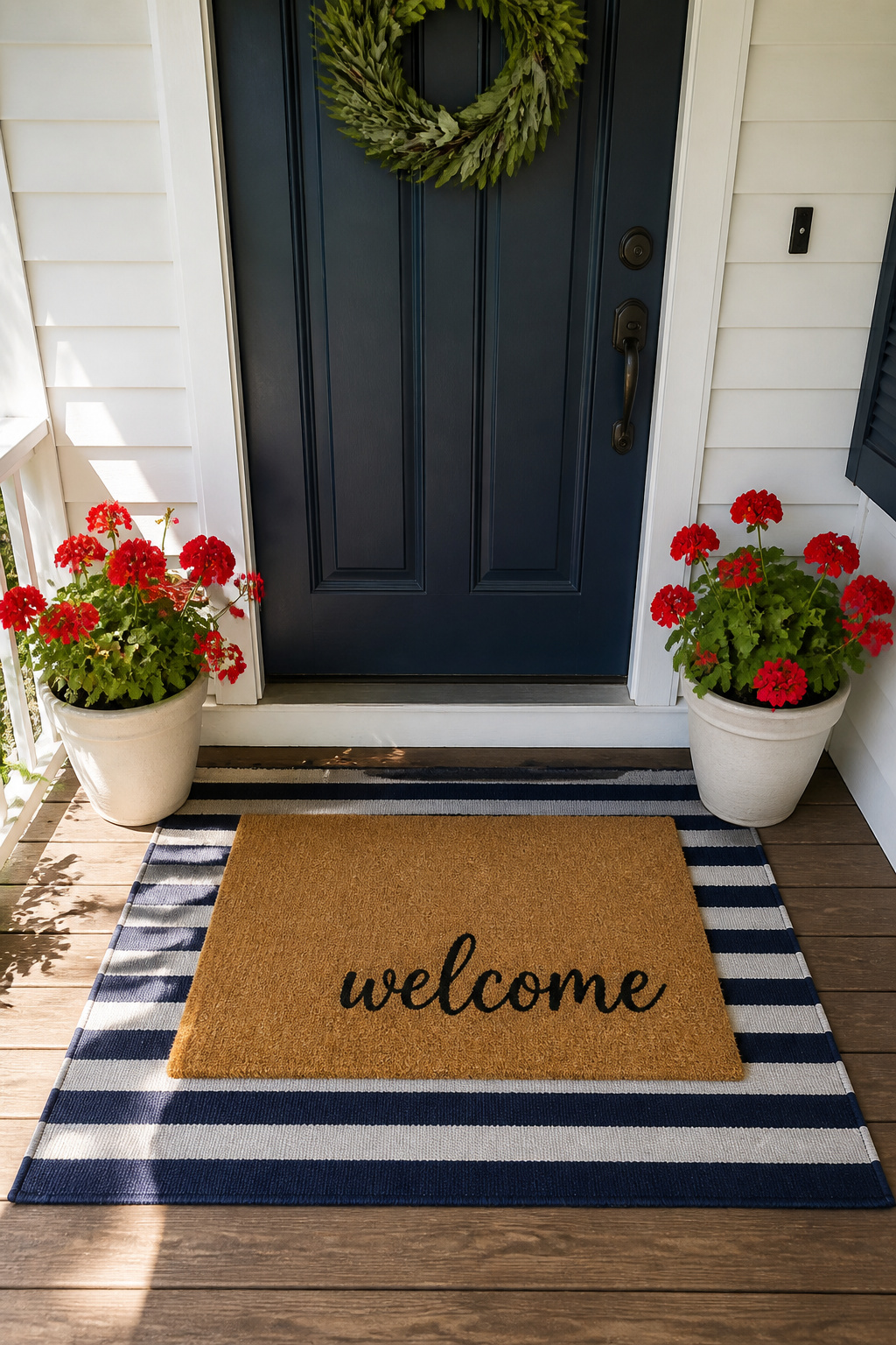 Layering a striped base rug under a coir doormat is the single easiest move that makes a porch entry look deliberately styled.