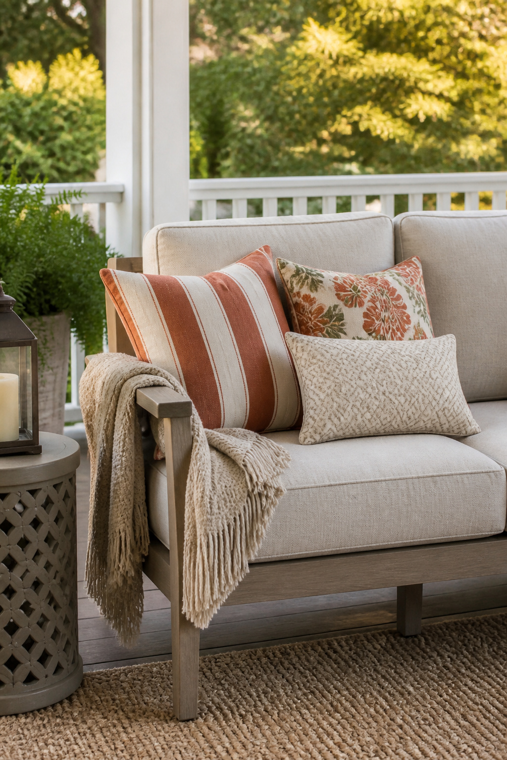 Three scales of outdoor pattern — stripe, floral, and geometric — styled together on an outdoor loveseat, each sharing at least one colour for a curated look.