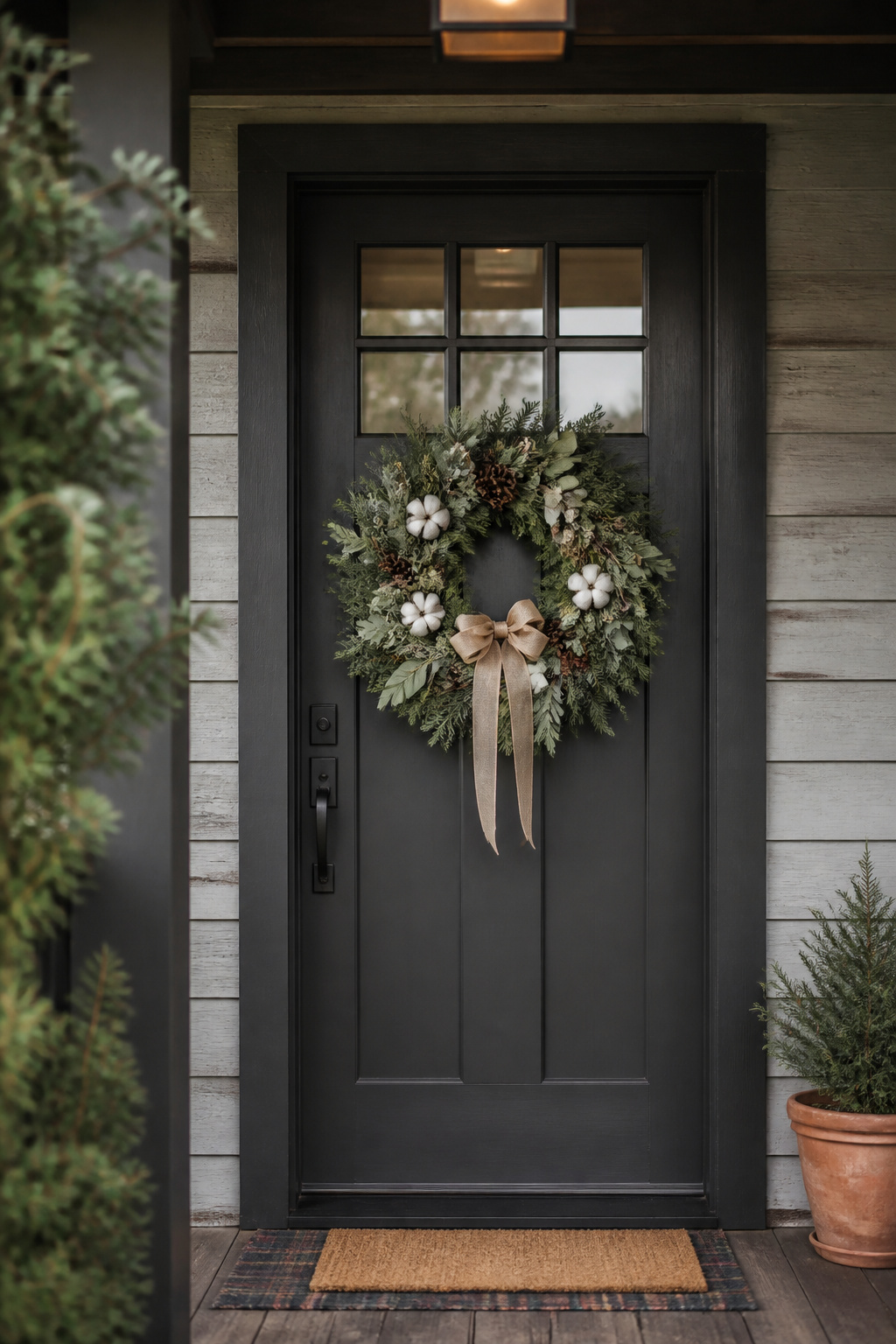 A mixed evergreen wreath with dried botanicals makes the entry feel considered without any major renovation.