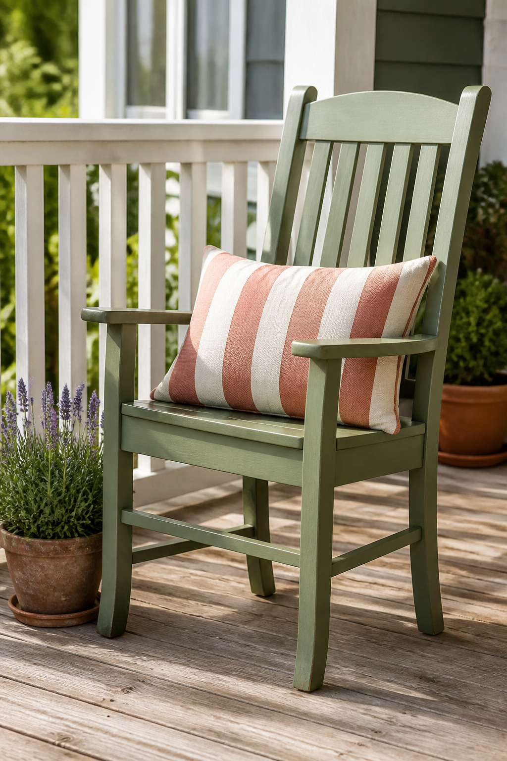 A thrift-store wooden chair painted in exterior sage green becomes a porch focal point for under $35 in materials.