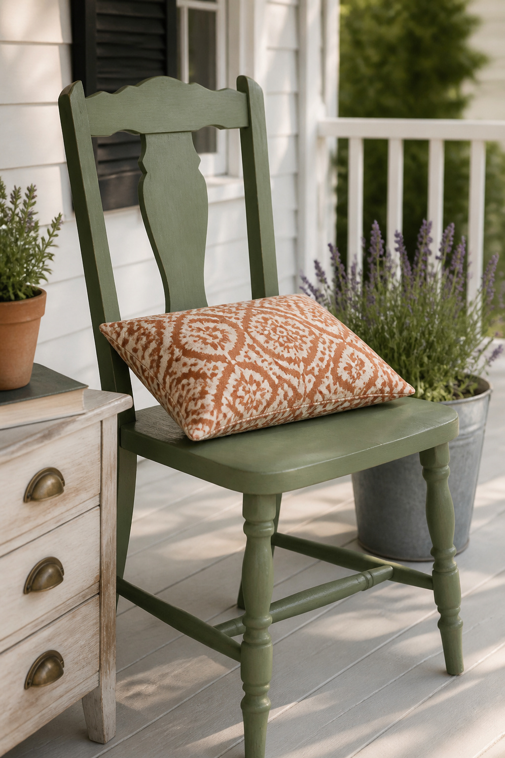 A $12 thrift-store chair, chalk-painted in sage green and finished with a Sunbrella pillow cover, reads like a $200+ garden boutique piece.