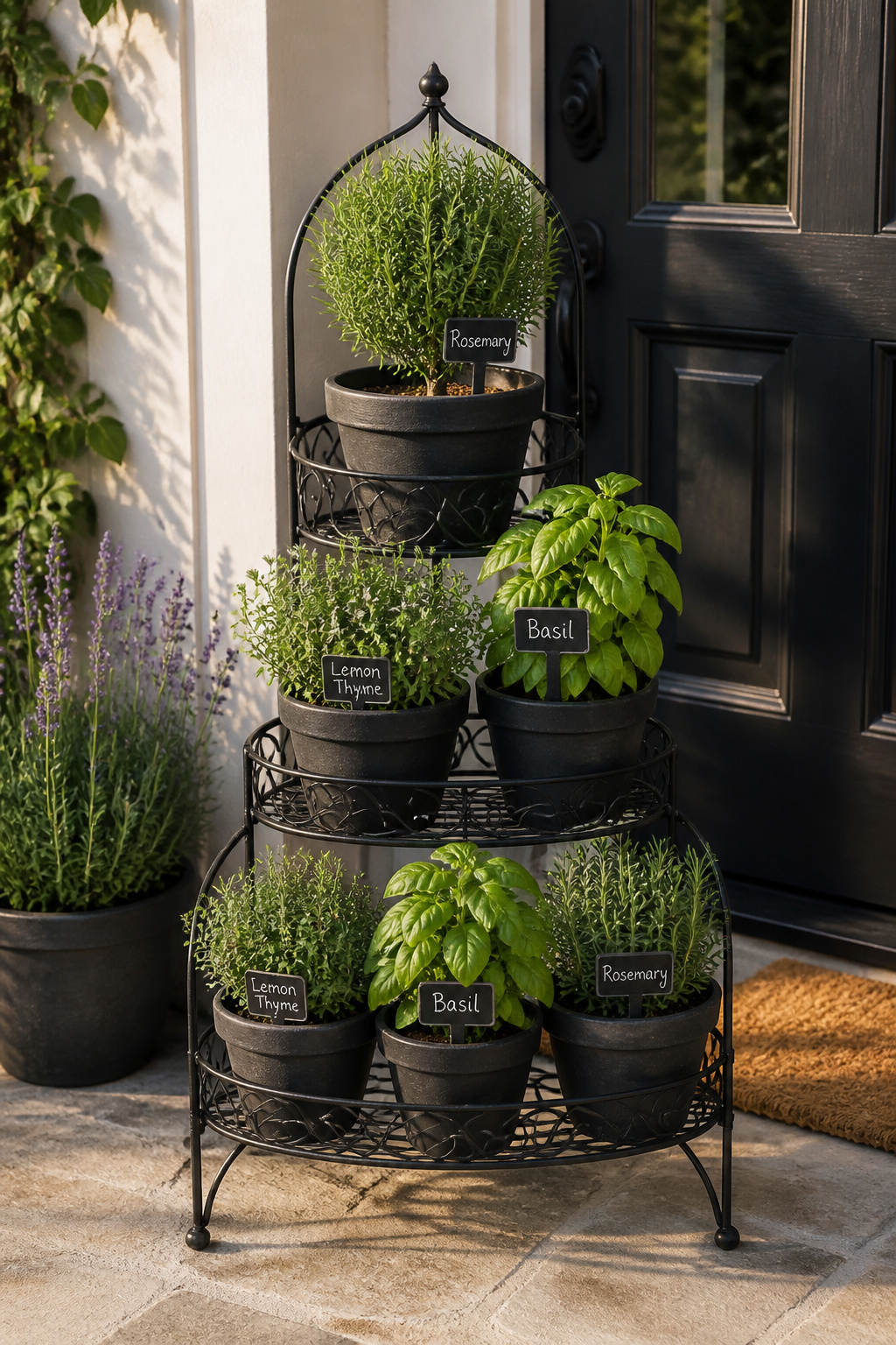Coordinated herb pots on a three-tier stand create a decorative display that also yields rosemary and thyme within arm's reach of the front door.
