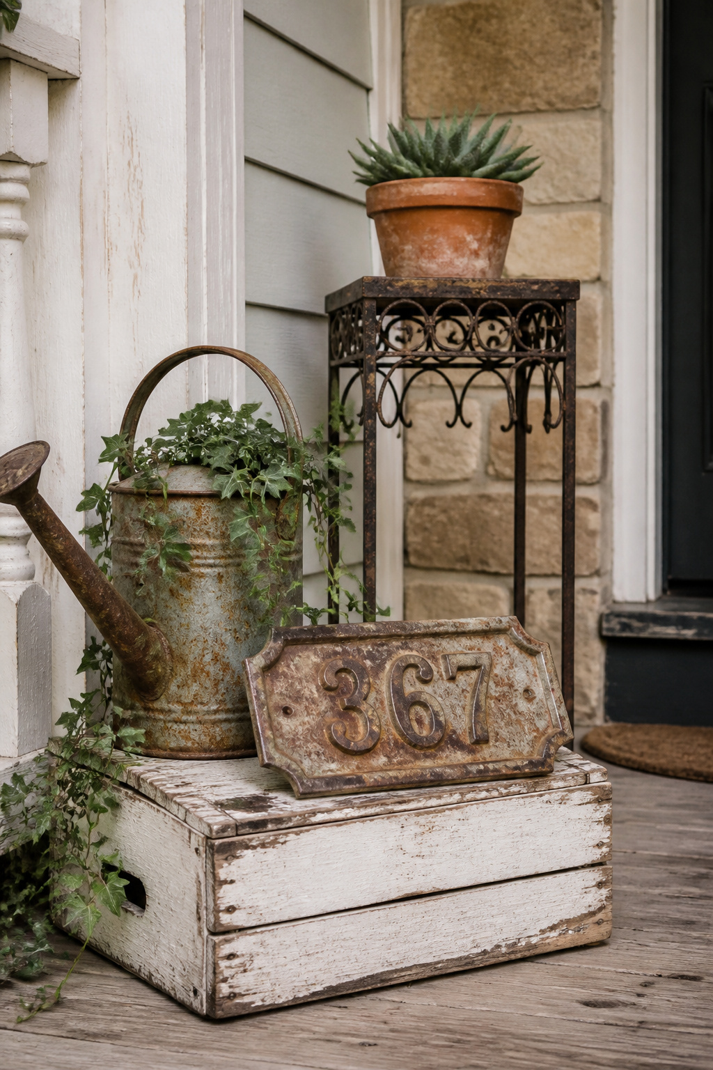 A collected arrangement of vintage metal, weathered wood, and aged patina pieces creates a porch personality that looks accumulated over years, not purchased in an afternoon.