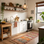 A bright, well-organized apartment kitchen showing open shelving, a rolling butcher block cart, a colourful rug, and warm pendant lighting — all achievable upgrades for renters.