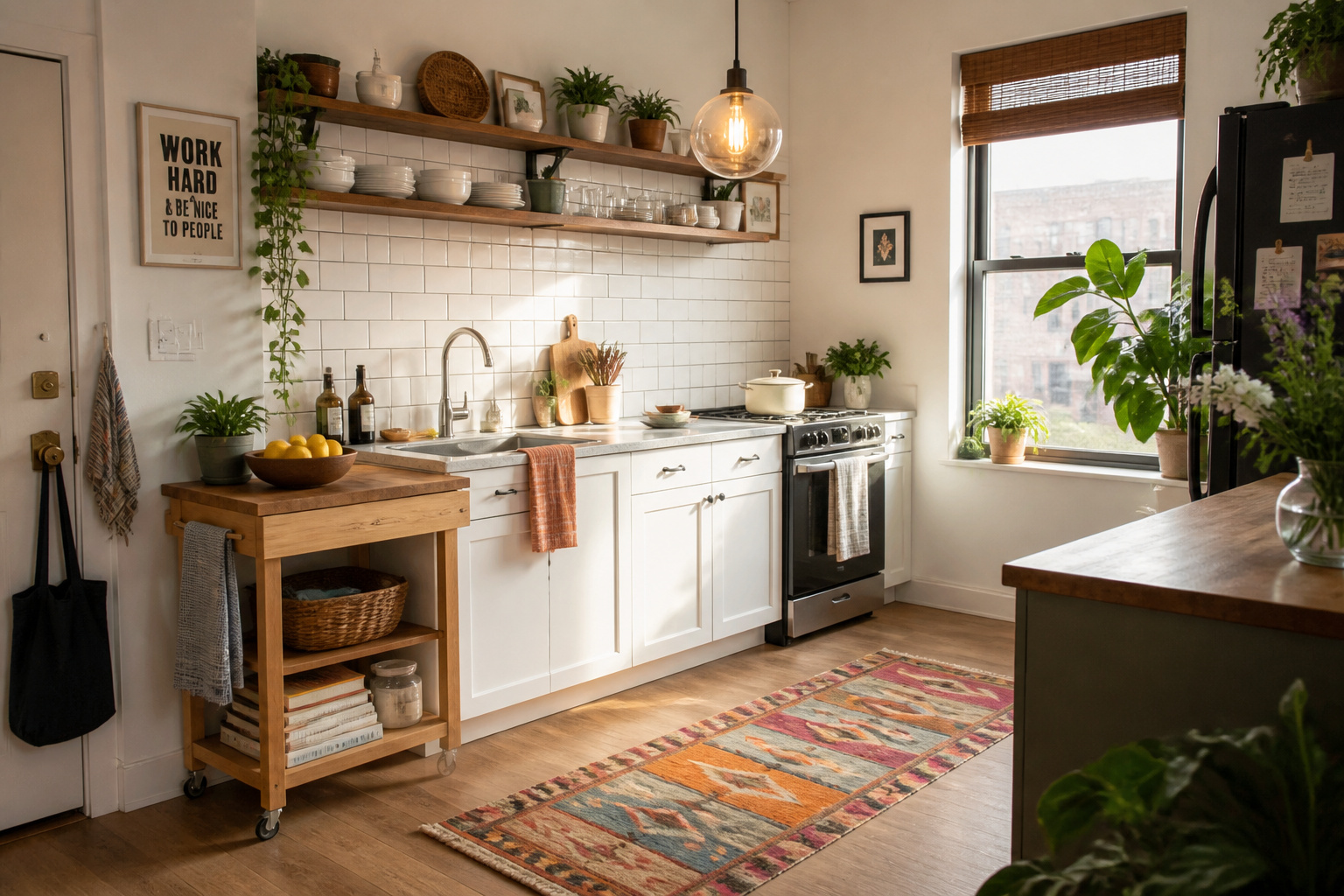 A bright, well-organized apartment kitchen showing open shelving, a rolling butcher block cart, a colourful rug, and warm pendant lighting — all achievable upgrades for renters.