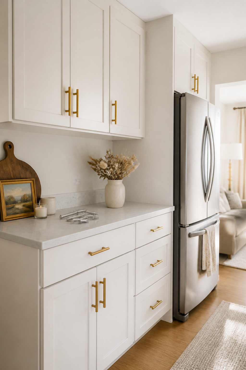 Unlacquered brass bar pulls replace flat builder-grade chrome cabinet hardware — a 45-minute upgrade that transforms a rental kitchen's entire design personality.