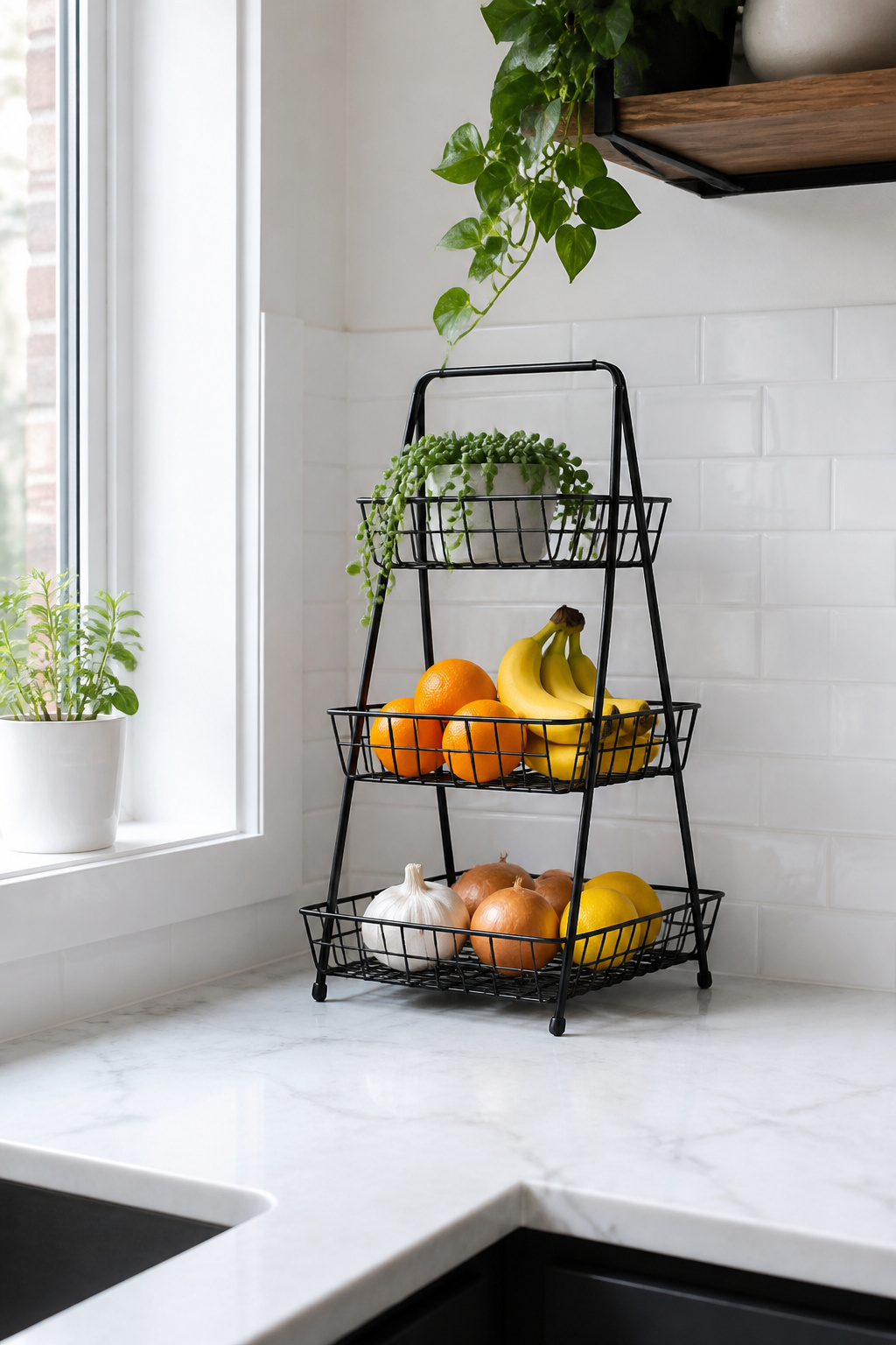 A three-tier matte black wire fruit stand consolidates produce, a plant, and pantry staples into a compact vertical footprint — freeing the rest of the kitchen counter.