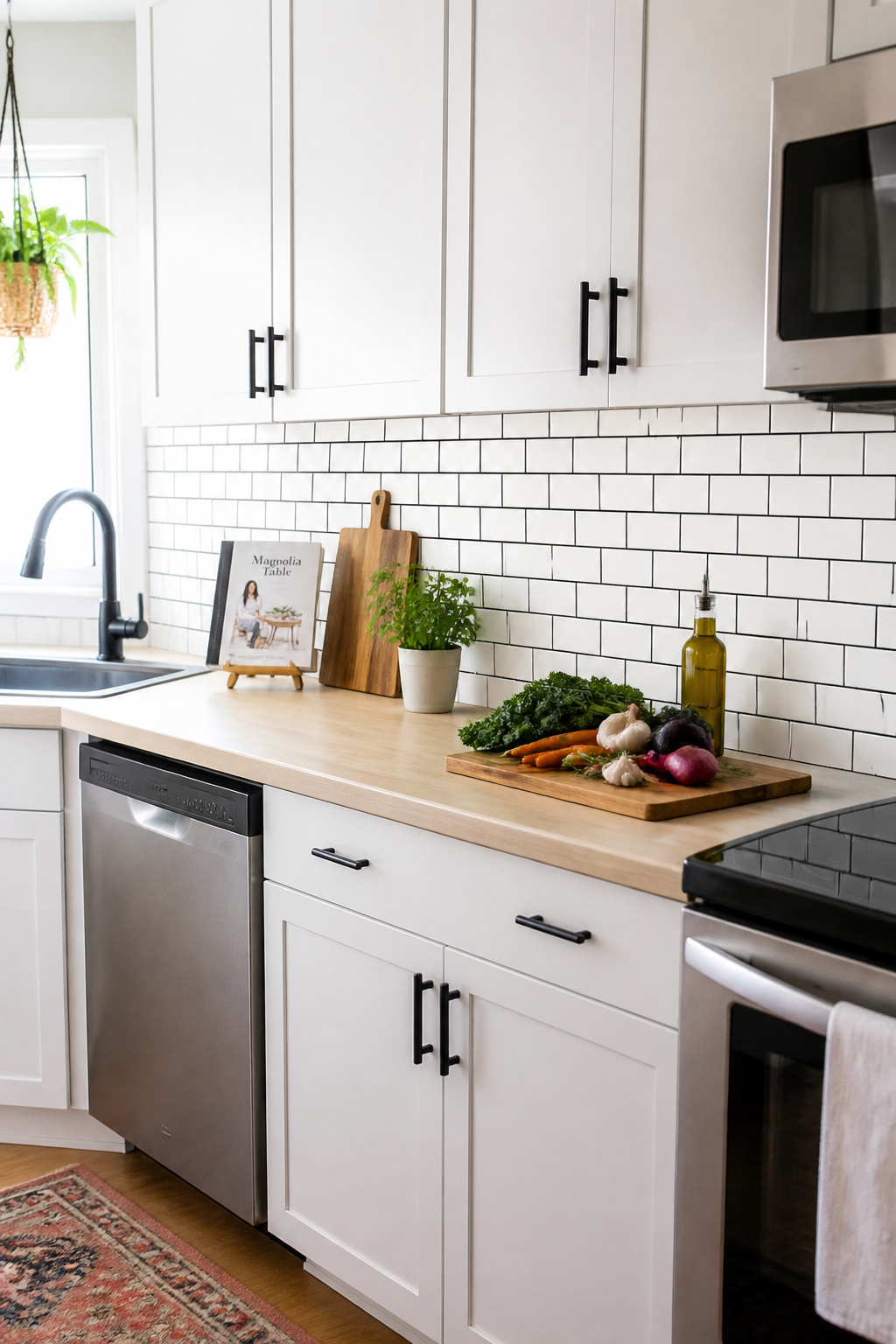 Peel-and-stick white subway backsplash tiles transform a rental kitchen wall with a polished, permanent-looking finish that removes cleanly at move-out.