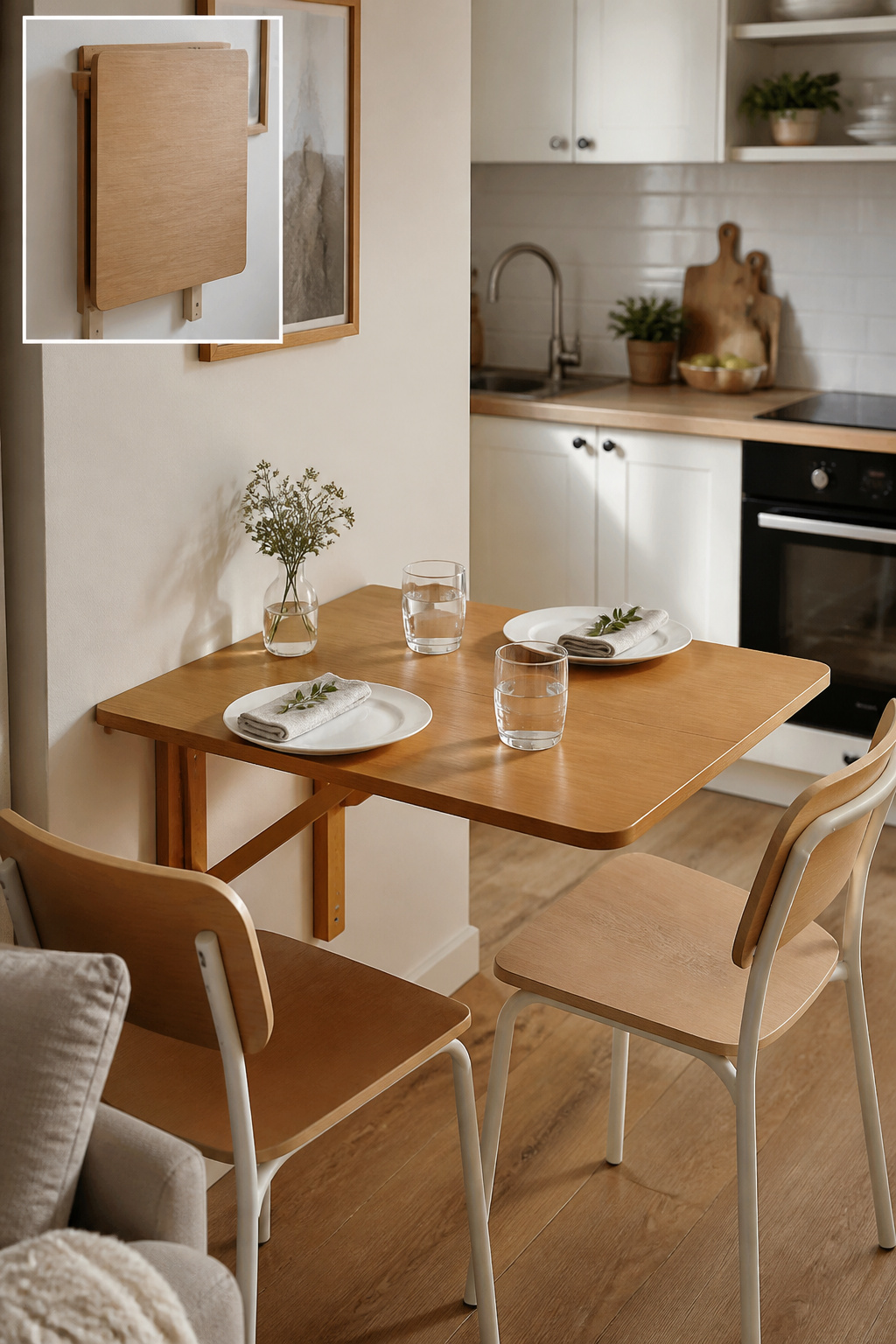 A wall-mounted fold-down table creates instant dining or prep space in a small apartment kitchen and stores completely flat when not in use.