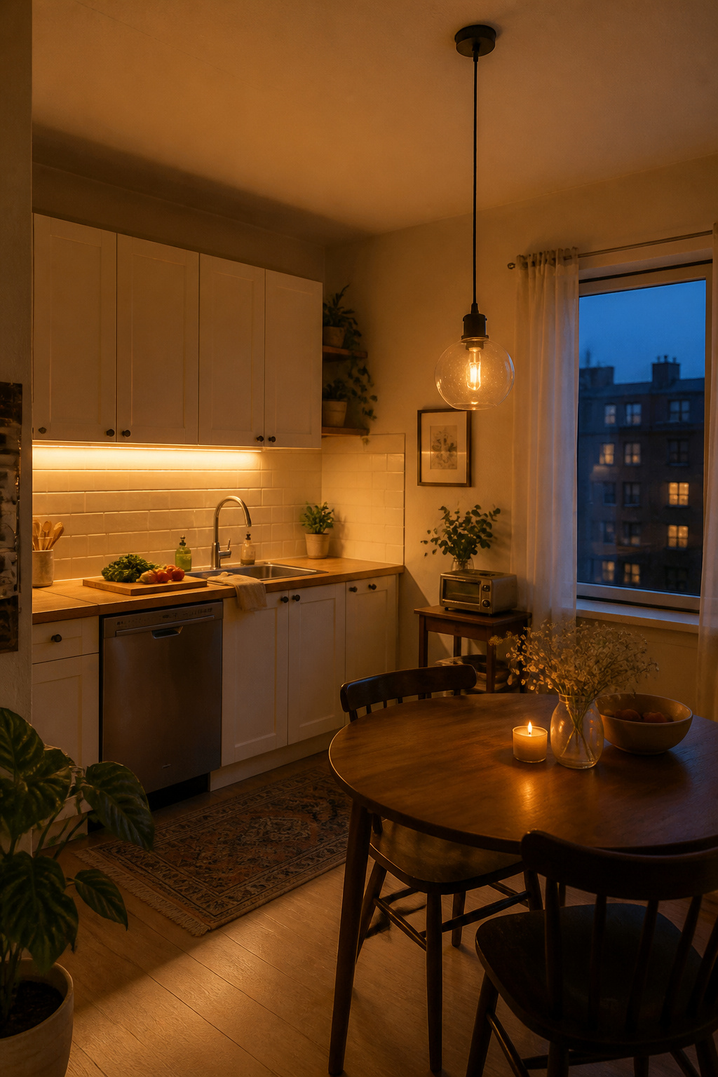 Warm LED under-cabinet strips and a fabric-cord plug-in pendant transform an apartment kitchen's lighting atmosphere — both completely reversible for renters.