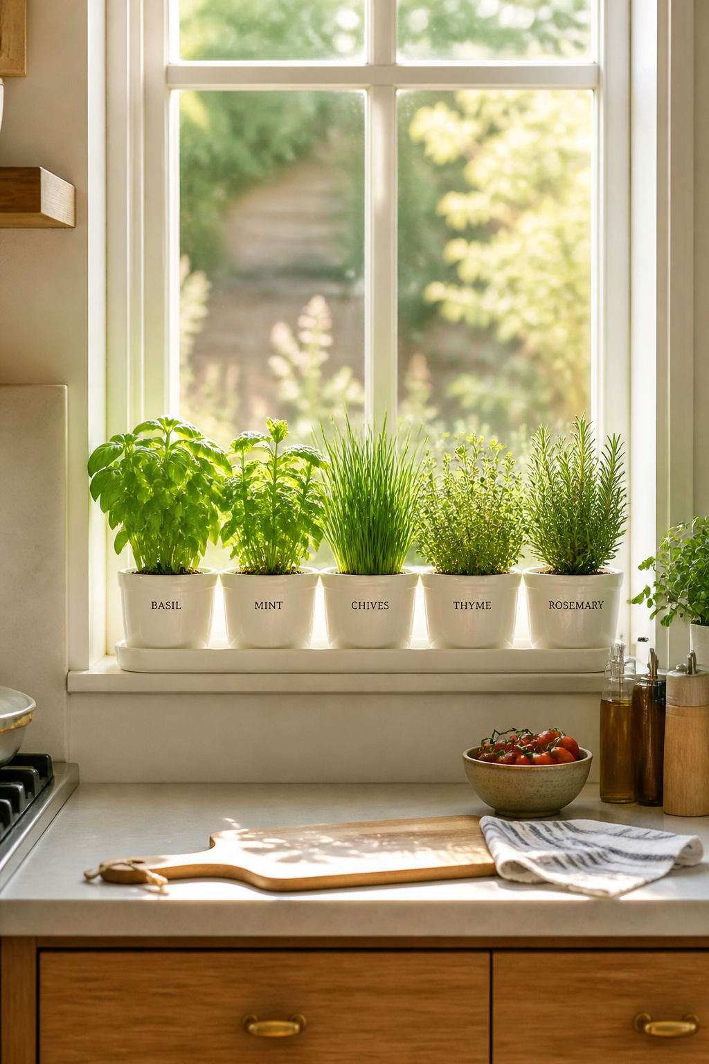 A row of white ceramic herb pots on a sunny kitchen windowsill brings life, fragrance, and fresh flavour into an apartment kitchen for under $20.