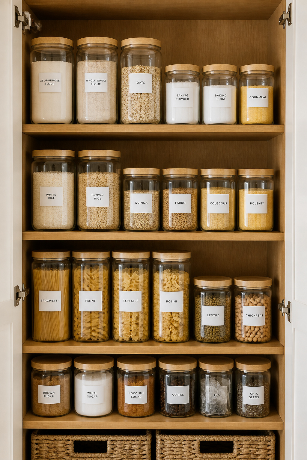 Matching clear glass airtight containers with bamboo lids and clean printed labels transform a rental kitchen pantry cabinet into a calm, organized, visually satisfying storage system.