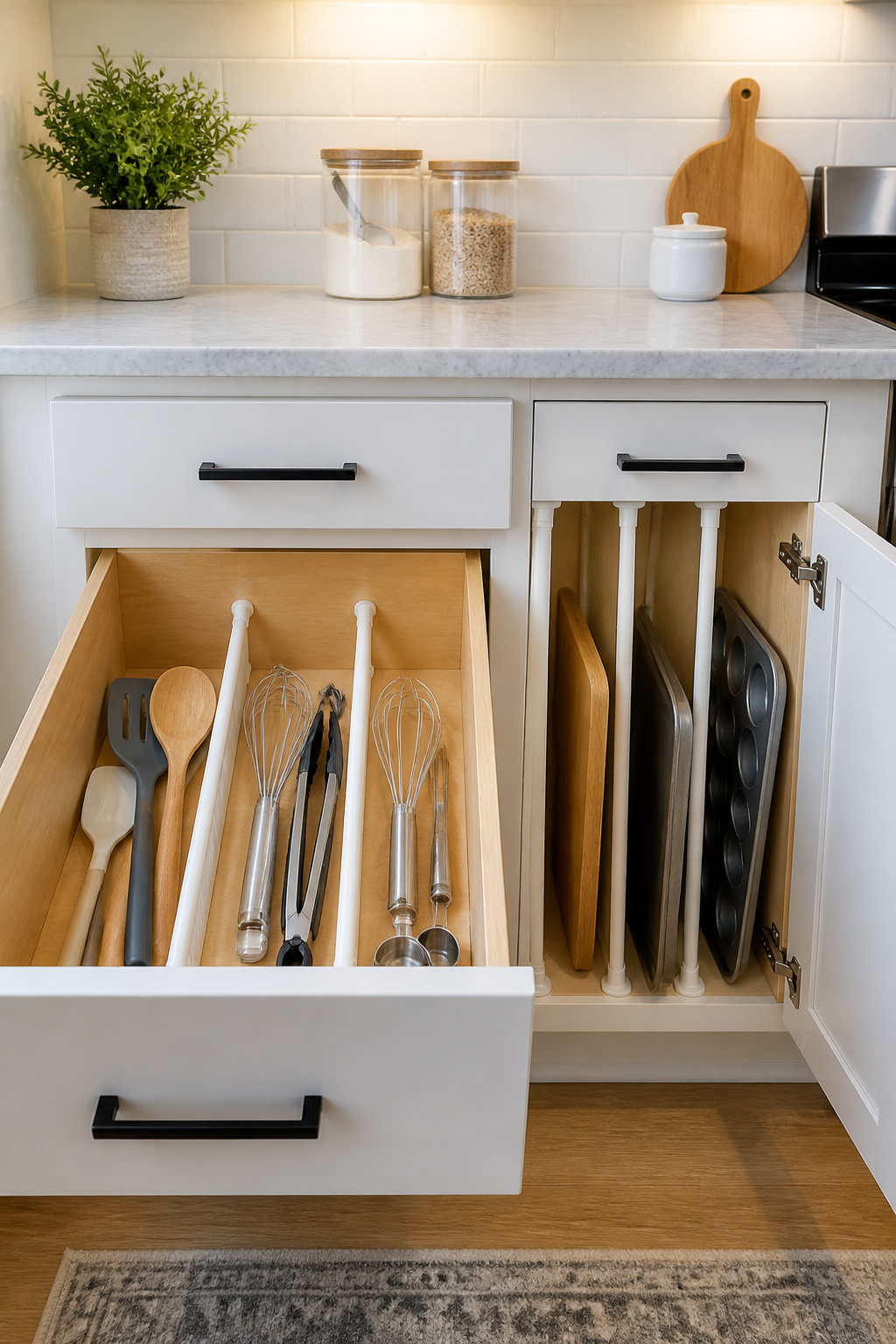 Tension rods create instant drawer dividers and vertical cabinet slots for cutting boards and baking sheets — a $4 solution for one of the most common small kitchen frustrations.
