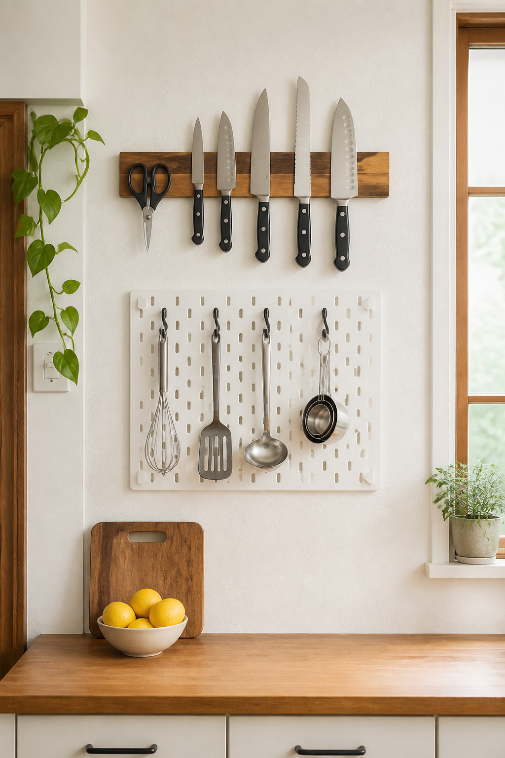 An acacia wood magnetic knife strip and small pegboard organizer reclaim every inch of counter space by moving kitchen tools to the wall.