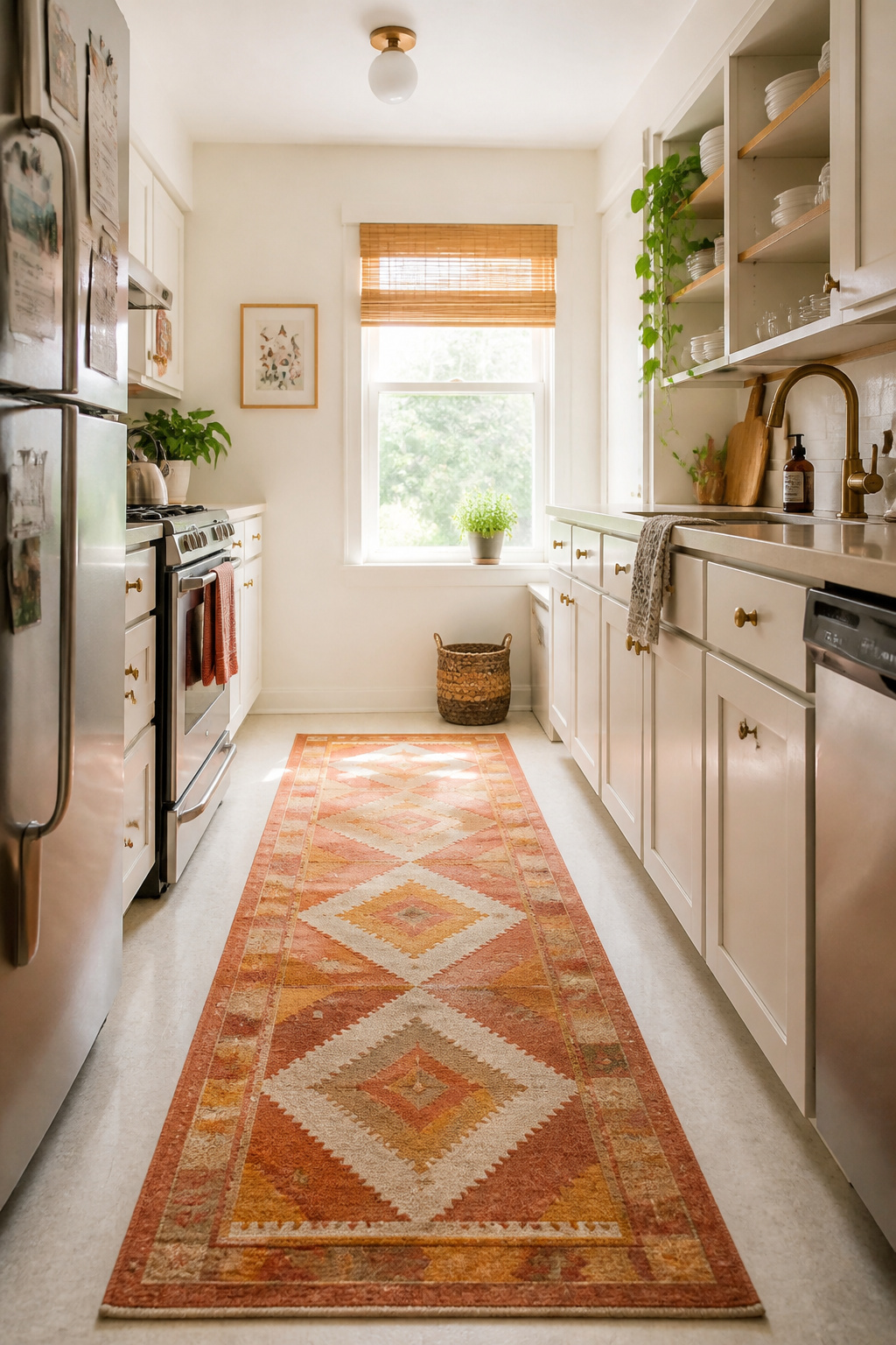 A geometric flat-weave runner rug in warm terracotta and mustard tones anchors a galley apartment kitchen, adding colour and warmth without a single permanent change.