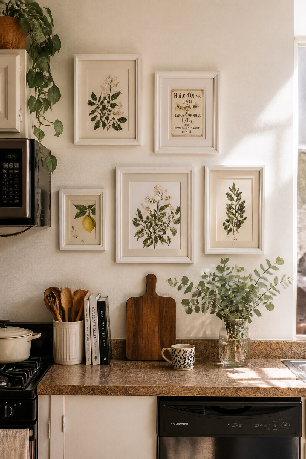 A gallery of thrifted frames all painted the same white, holding botanical prints and vintage food labels, makes a rental apartment kitchen feel genuinely personal and designed.