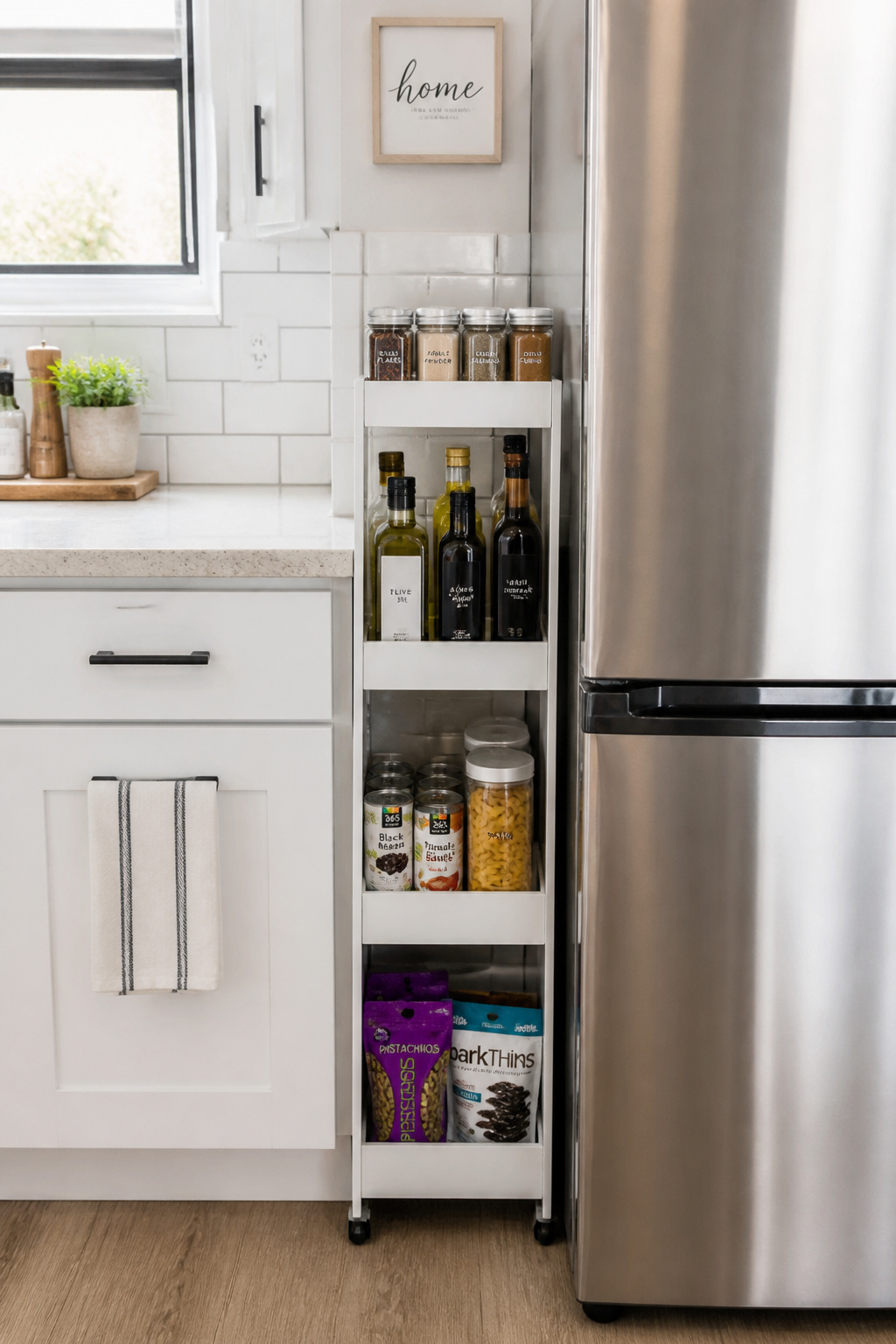 A slim 5-inch-profile rolling pantry cart fills the dead space beside the fridge with four organized tiers of spices, oils, canned goods, and snacks.