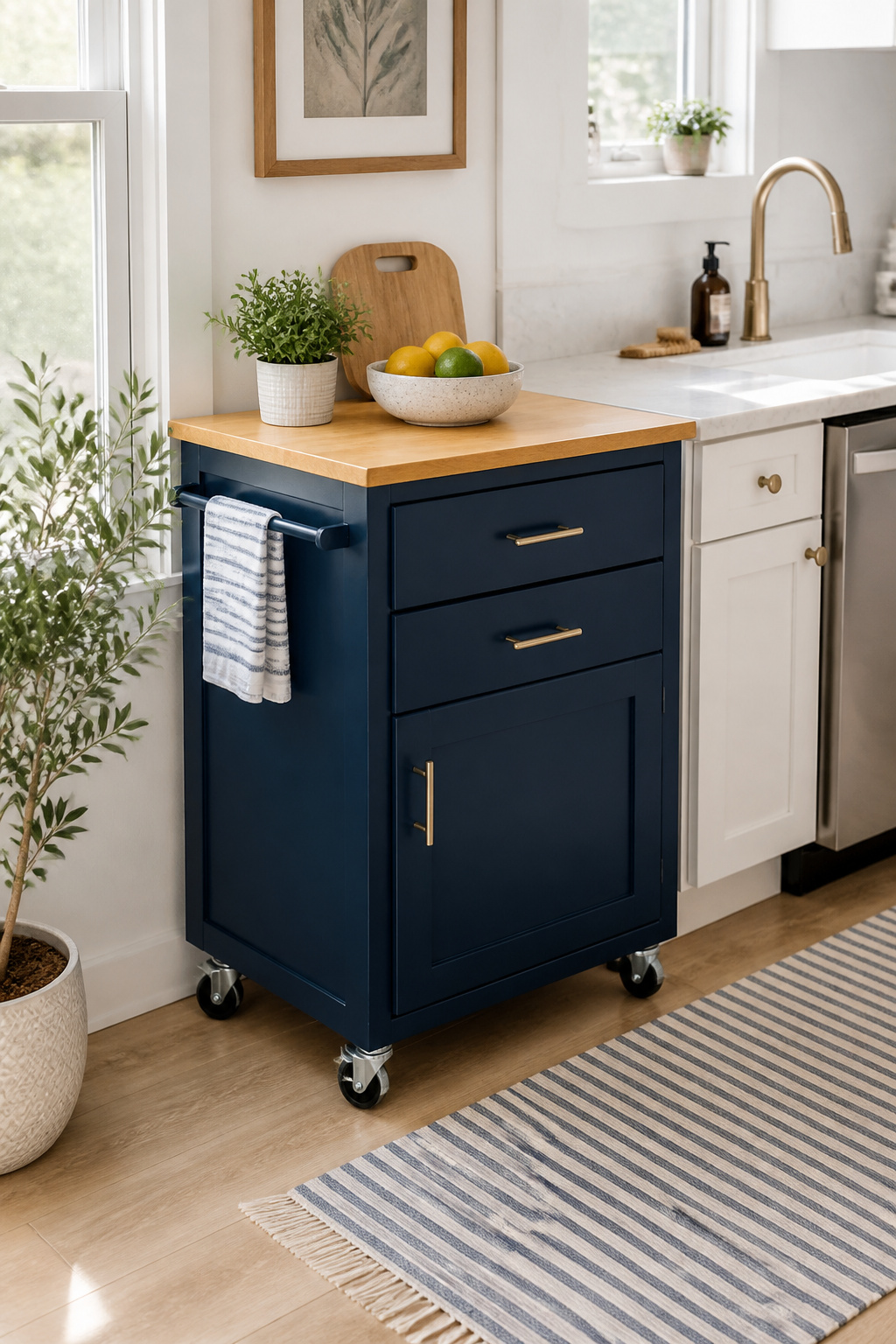 A navy rolling kitchen cart with a butcher block top adds extra counter space, storage, and a pop of colour to an apartment kitchen without any permanent installation.