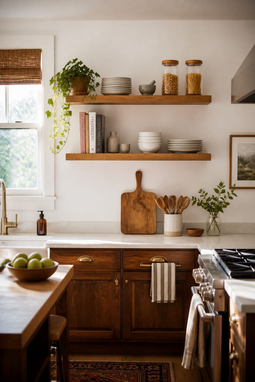 Floating wood shelves styled with white ceramics, small plants, and glass jars bring personality and openness to a rental apartment kitchen wall.