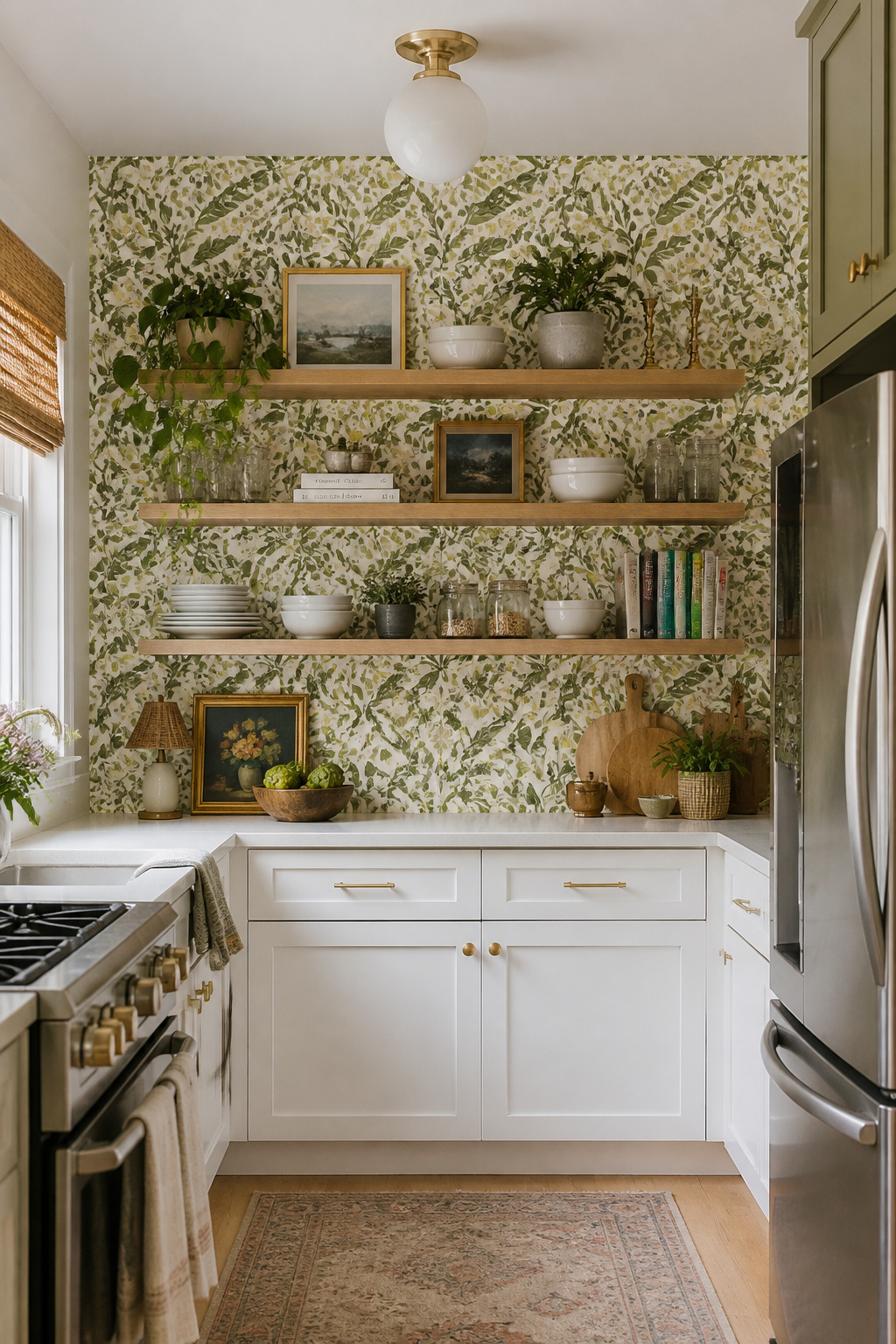 Olive green botanical removable wallpaper transforms a rental kitchen accent wall into a statement feature — goes up in hours and comes down cleanly at move-out.