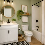 A fresh bathroom with affordable updates — sage green paint, matte black hardware, a new mirror, and a few well-placed plants — shows how bathroom ideas on a budget can produce results that look far beyond the spend.