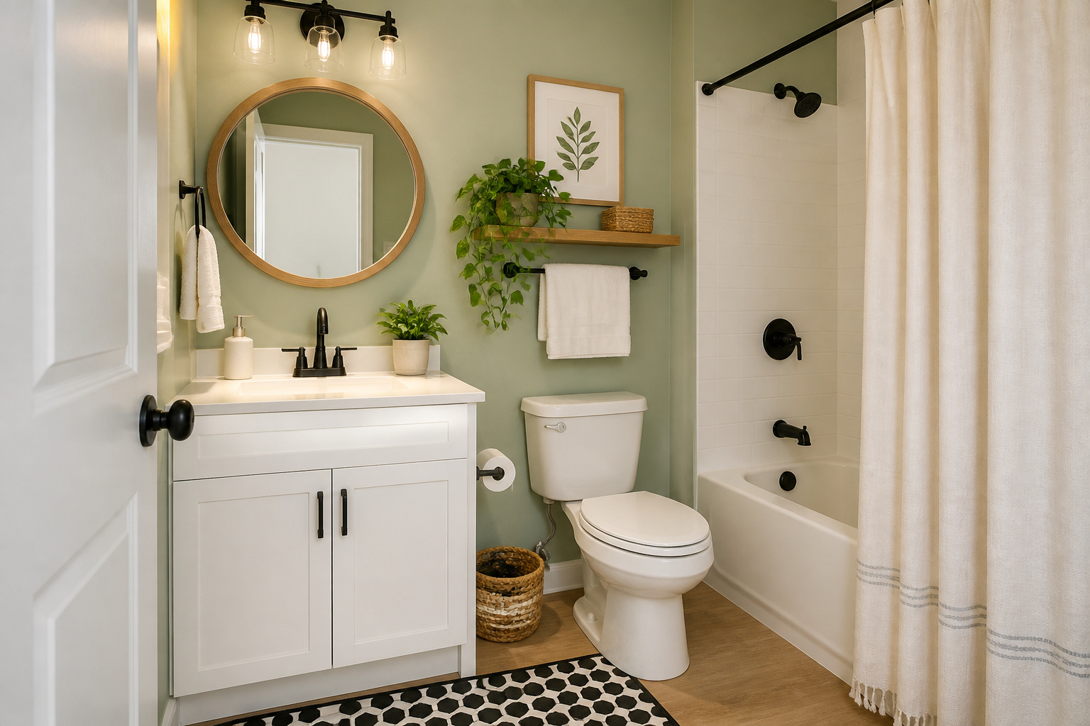 A fresh bathroom with affordable updates — sage green paint, matte black hardware, a new mirror, and a few well-placed plants — shows how bathroom ideas on a budget can produce results that look far beyond the spend.