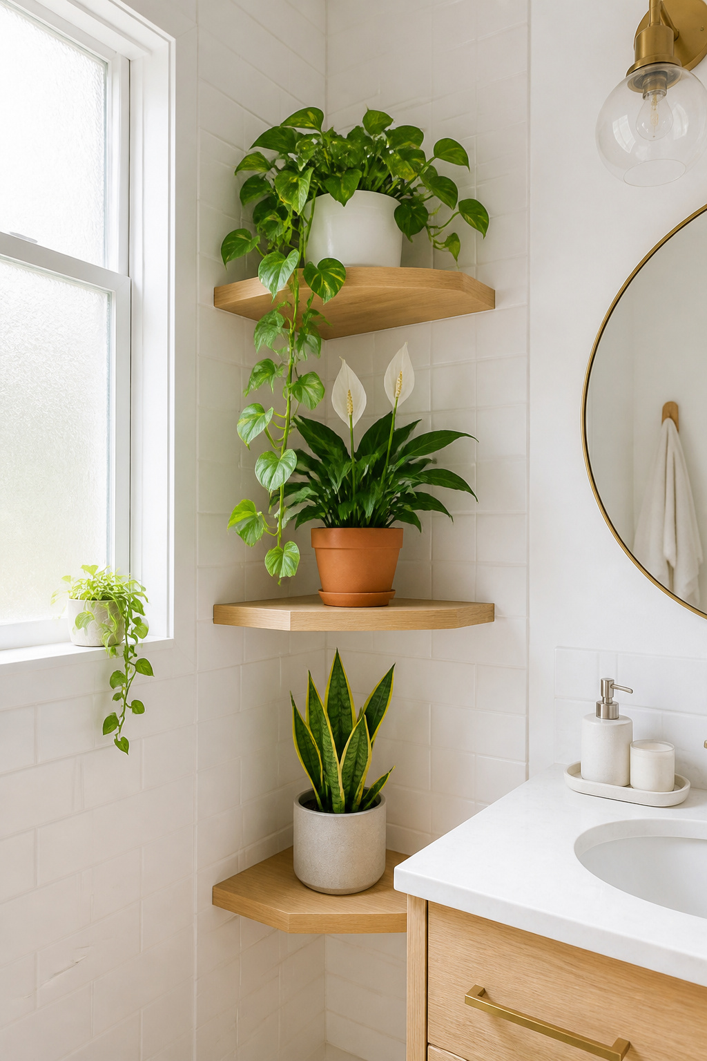 A corner shelf with pothos, peace lily, and snake plant costs under $30 total — and thrives in the natural humidity of a regularly used bathroom.