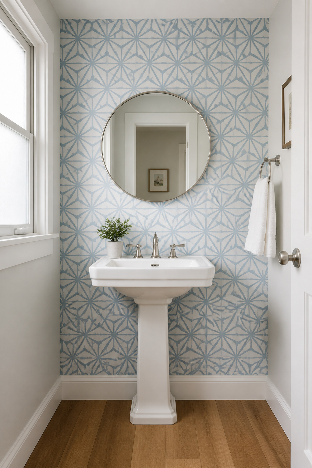 A single peel-and-stick accent wall behind the vanity delivers maximum visual impact for around $30-90 in materials — and removes cleanly for renters.