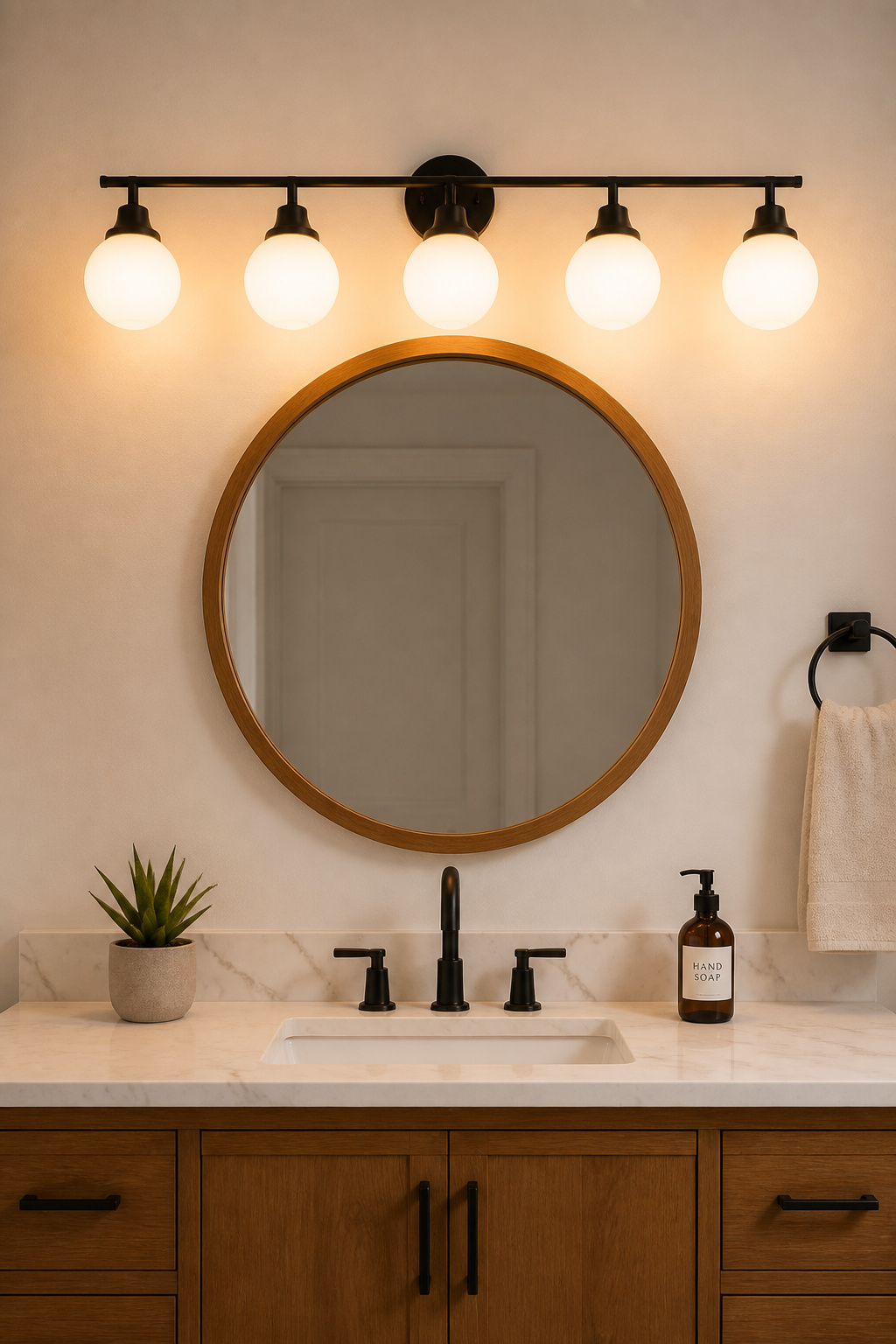 A modern globe vanity bar in matte black costs $40-80 and changes the entire feel of the bathroom's primary grooming area.