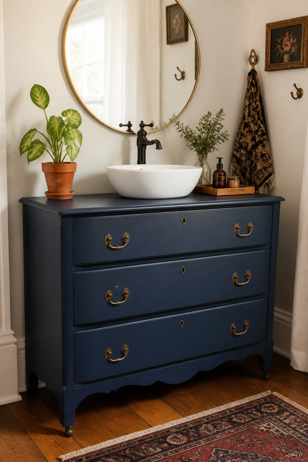 A thrifted dresser conversion is the most dramatic bathroom idea on a budget available — producing a custom-furniture result for $50-300 that would cost $800-3,000 new.