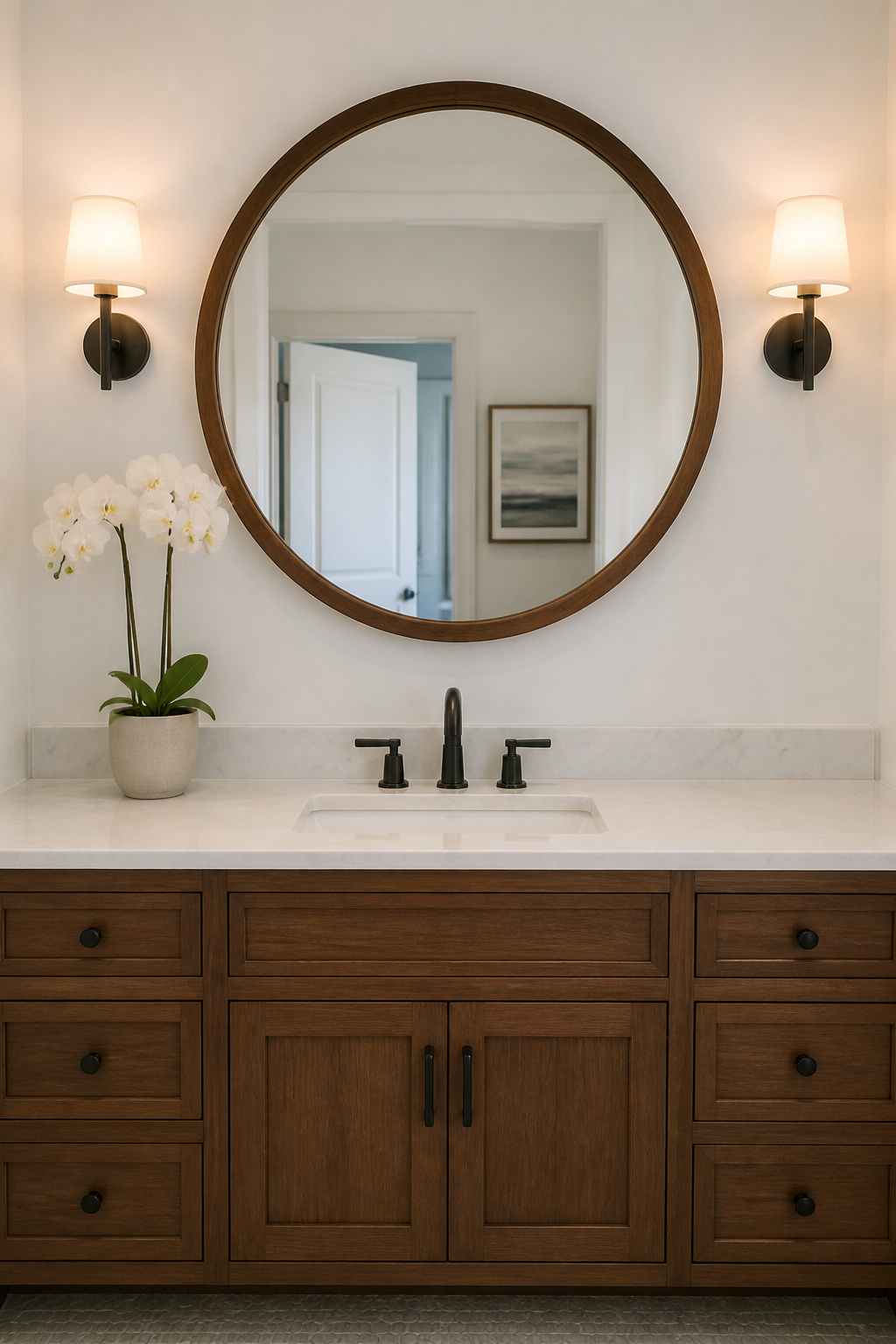 Replacing the stock builder mirror with a framed or bevelled alternative is a one-afternoon update that changes how the entire vanity reads.