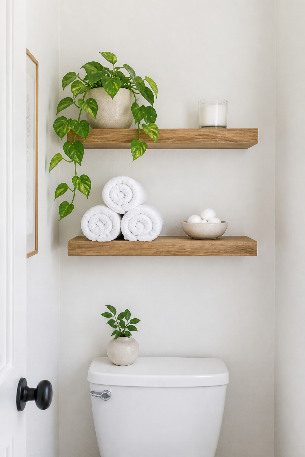 Above-toilet shelving is the most underused wall space in most bathrooms — a $20-60 set of floating shelves turns it into practical, styled storage.
