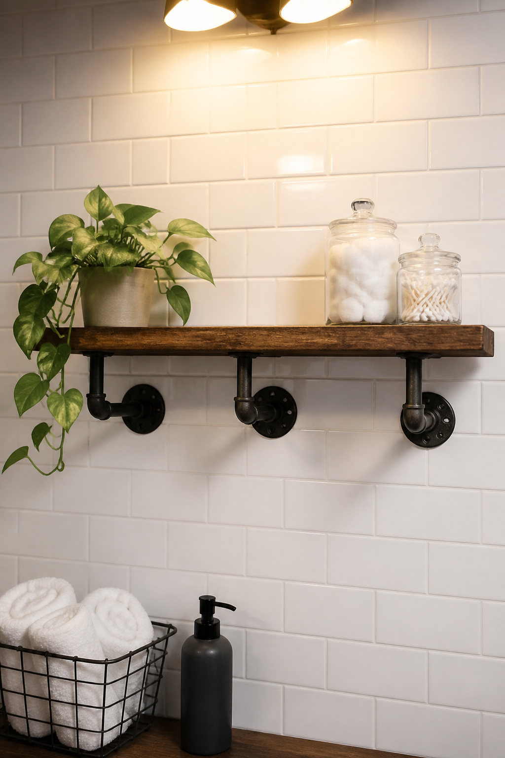 A single DIY pipe-and-wood shelf costs $50-80 in parts from the hardware store — a fraction of the $200-400 retail versions of the same industrial look.