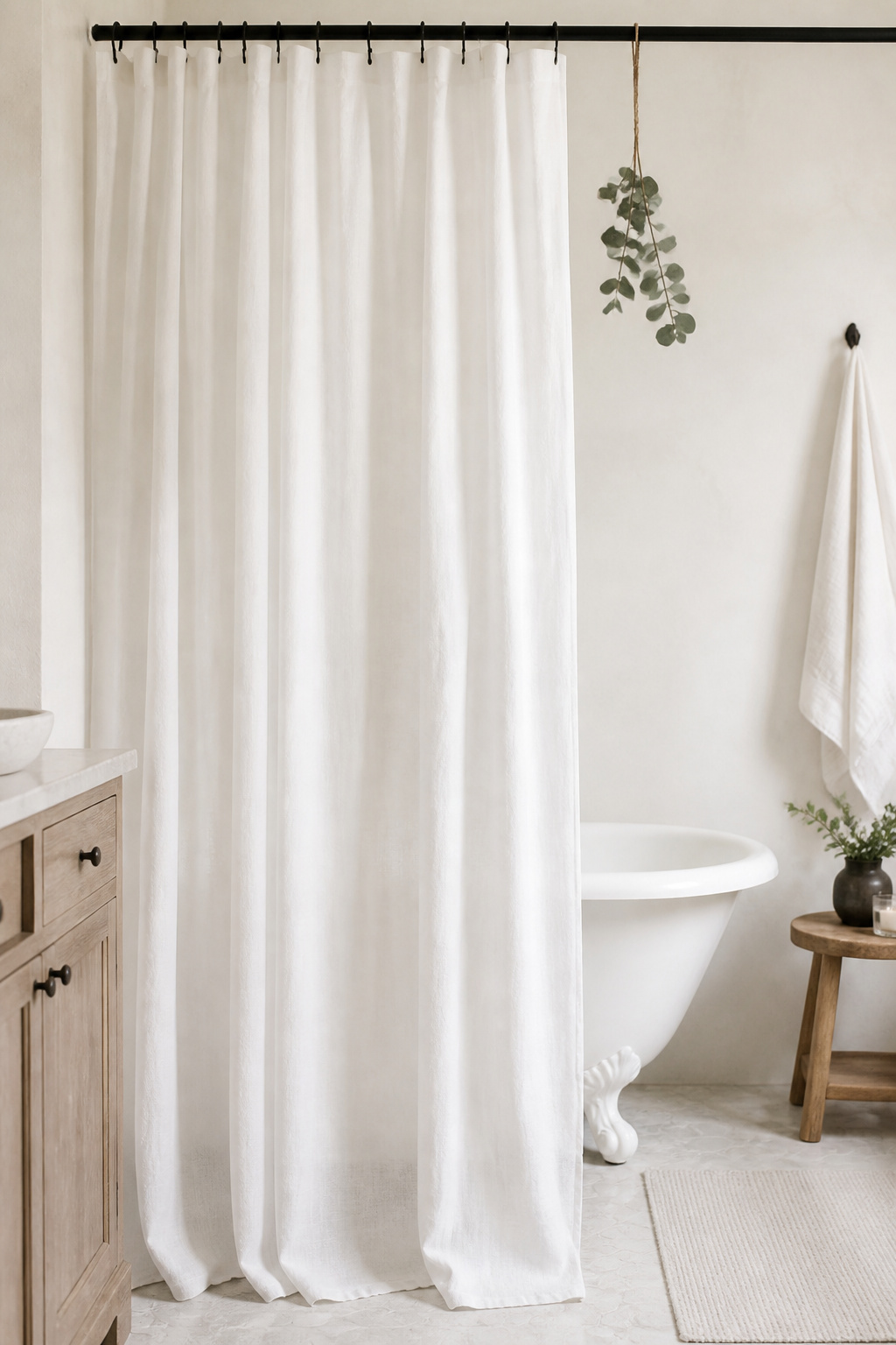 An extra-long shower curtain hung near the ceiling makes the room feel taller — one of the simplest and cheapest height-illusion tricks in bathroom decorating.