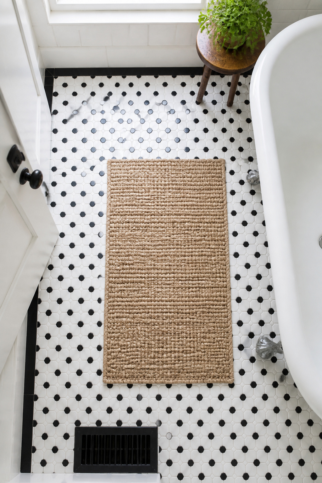 Hexagon peel-and-stick floor tiles at $0.50-2.50 per square foot are one of the most cost-effective bathroom ideas on a budget for a dramatic visual upgrade.