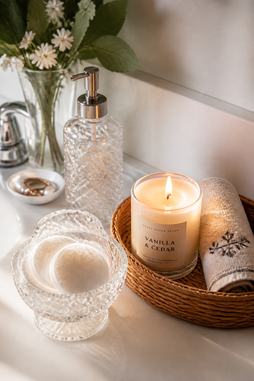 A curated thrift-store counter refresh — glass decanters, crystal dishes, wicker trays — costs $0-25 and gives the bathroom a collected, personal feel.