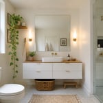 A compact, thoughtfully styled small bathroom with a floating vanity, large mirror, and glass shower panel that shows how smart small bathroom ideas can make every inch feel intentional.
