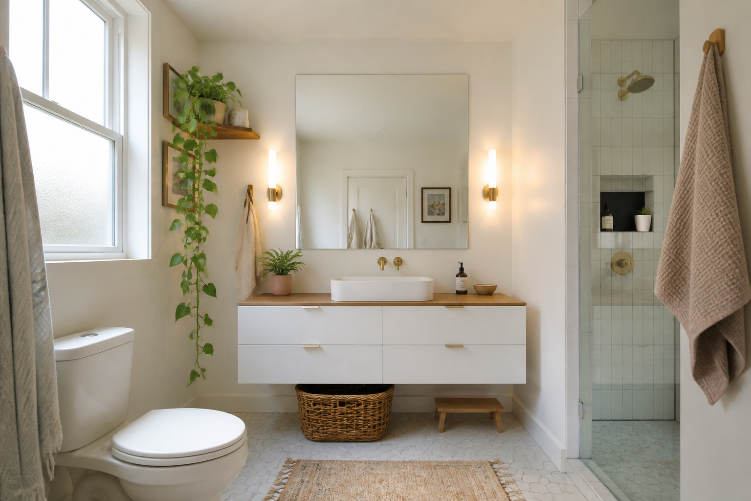 A compact, thoughtfully styled small bathroom with a floating vanity, large mirror, and glass shower panel that shows how smart small bathroom ideas can make every inch feel intentional.