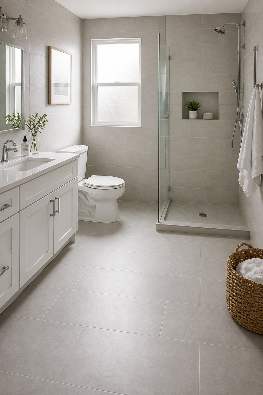 Light gray tile with near-matching grout reads as one continuous surface on both walls and floor — this small bathroom appears significantly larger with no structural changes.