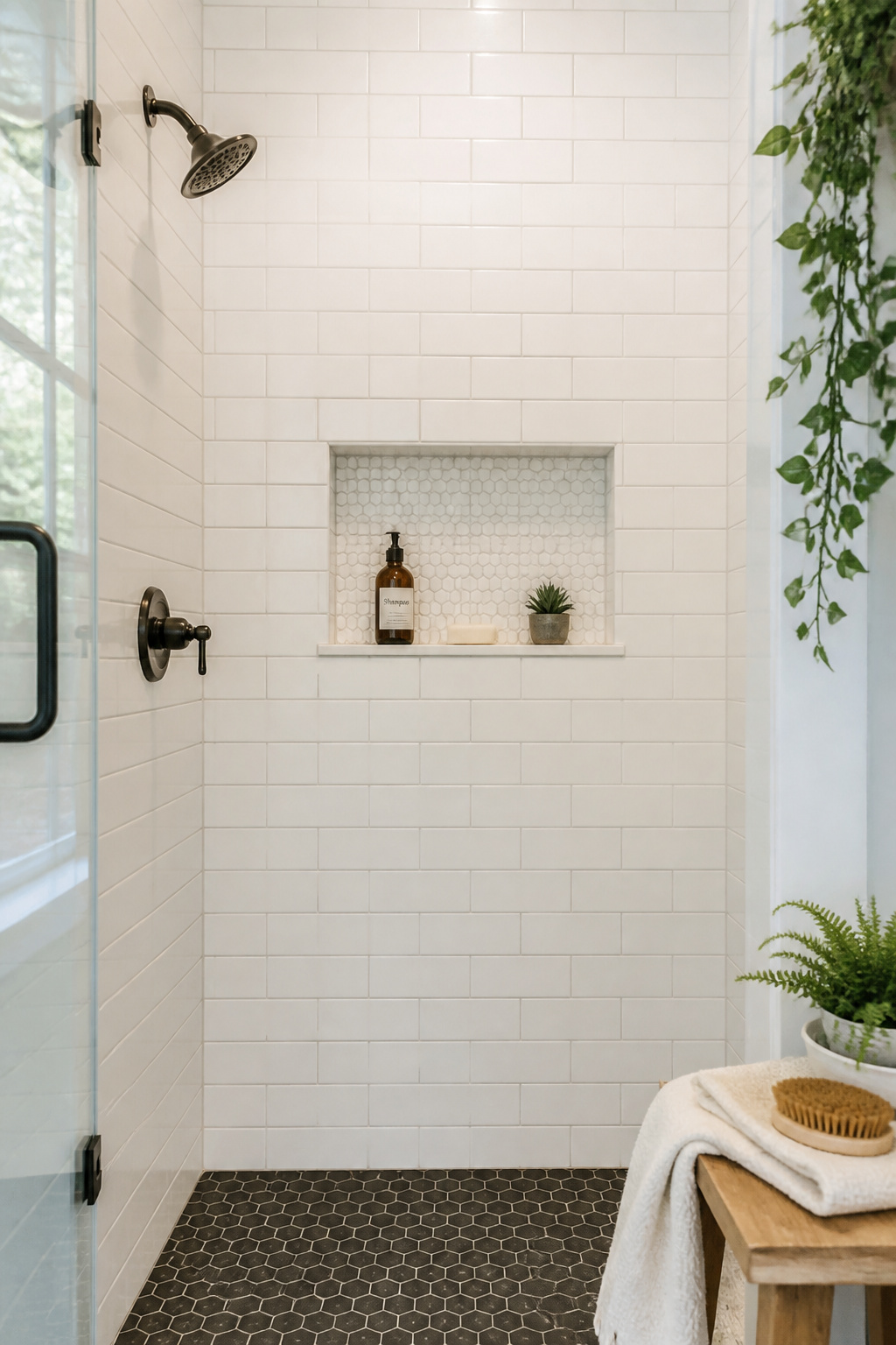 A DIY recessed niche tiled in hexagonal mosaic provides built-in storage flush with the shower wall — no caddy, no projection, no clutter.