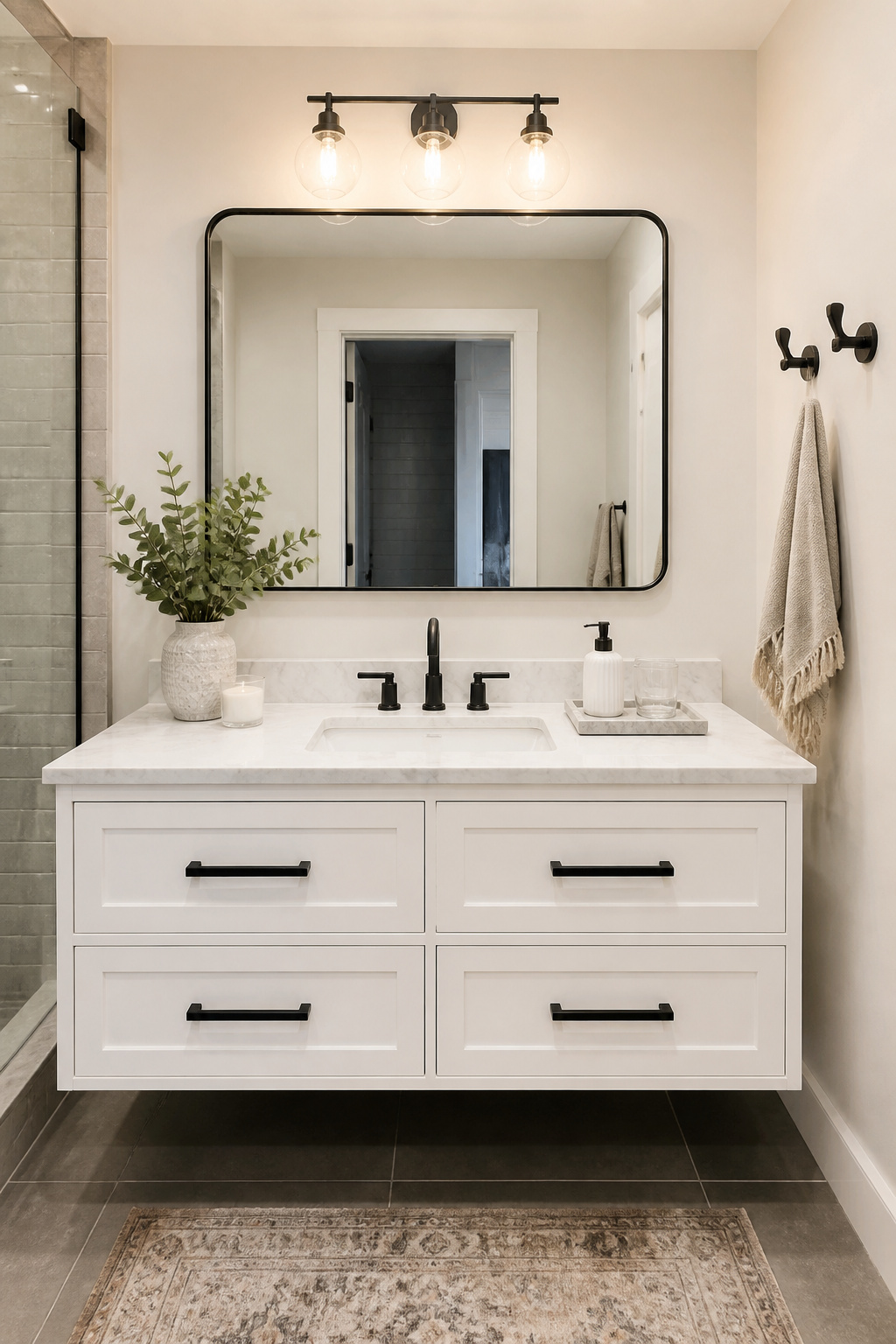 Replacing builder-grade cabinet hardware with matte black pulls and adding a marble counter tray takes a white vanity from generic to intentional — under an hour, under $60.