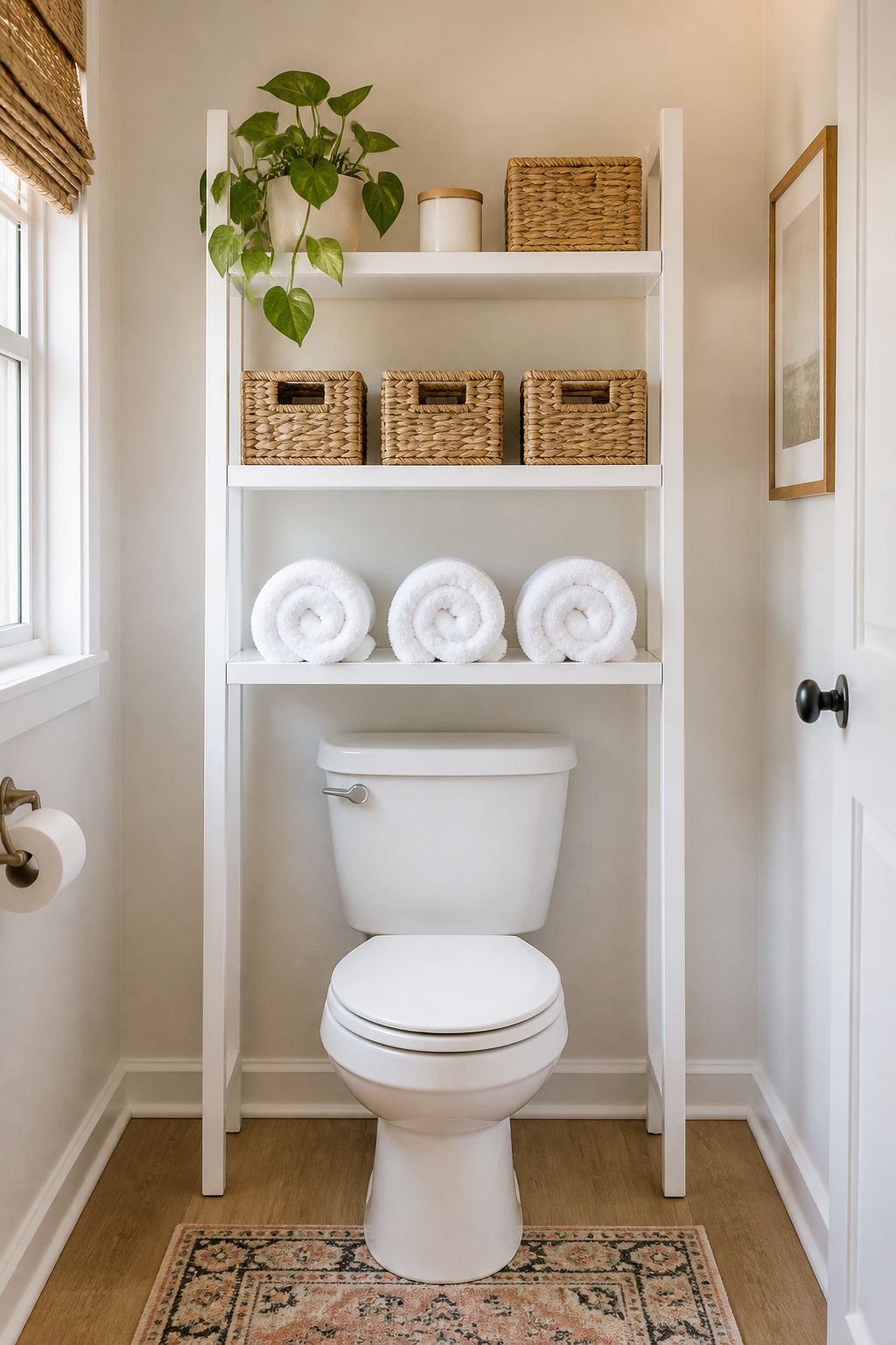 A simple freestanding etagere turns the dead space above the toilet into three tiers of organized storage — no drilling, no damage, immediate impact.