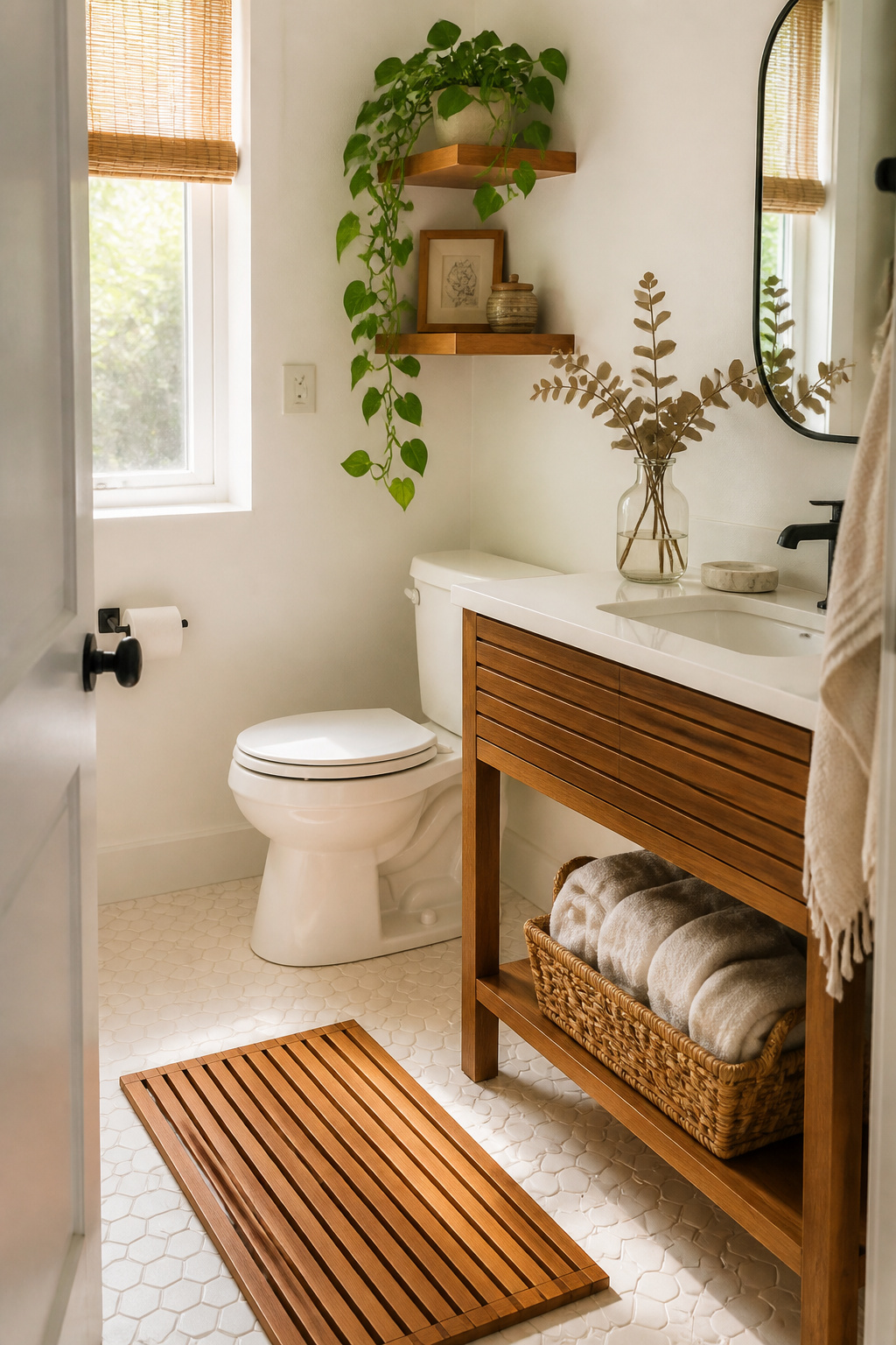 A trailing pothos, teak bath mat, wicker storage basket, and dried eucalyptus bundle transform a plain white bathroom into a space that feels personal and finished.